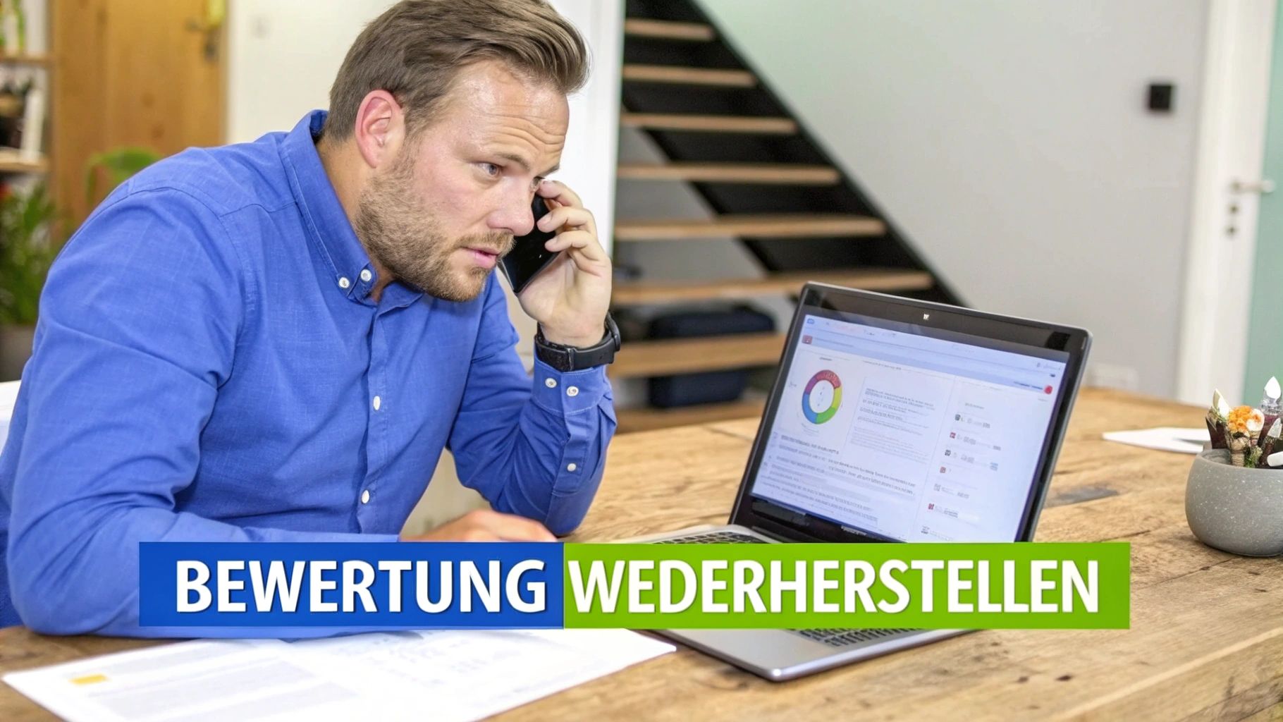 Ein Mann im blauen Hemd telefoniert und blickt auf einen Laptop. Texteinblendung: "BEWERTUNG WIEDERHERSTELLEN".