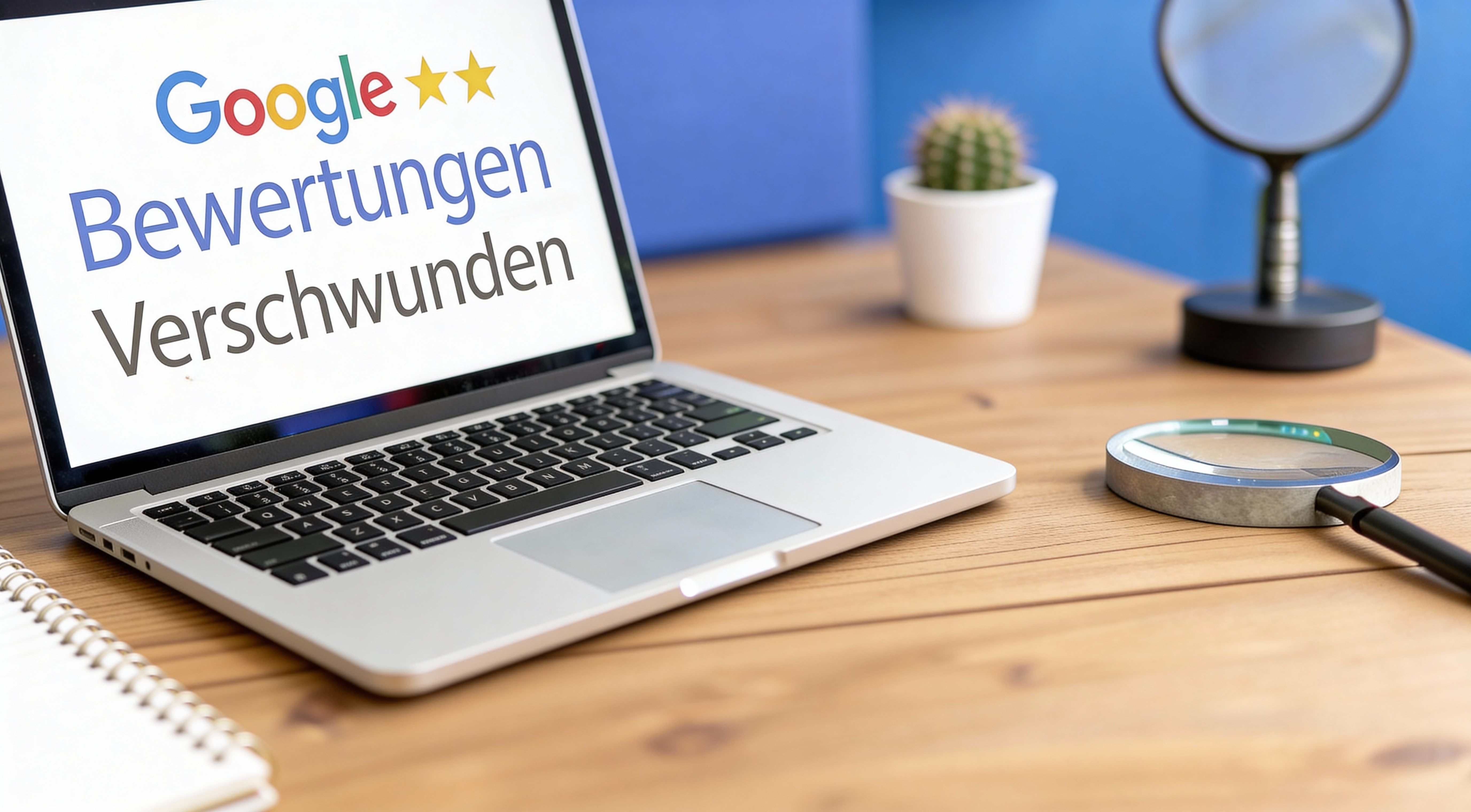 Ein Laptop zeigt den Text ‚Google Bewertungen verschwunden‘ mit Sternen. Auf dem Tisch liegen ein Notizbuch und eine Lupe, daneben steht ein kleiner Kaktus.