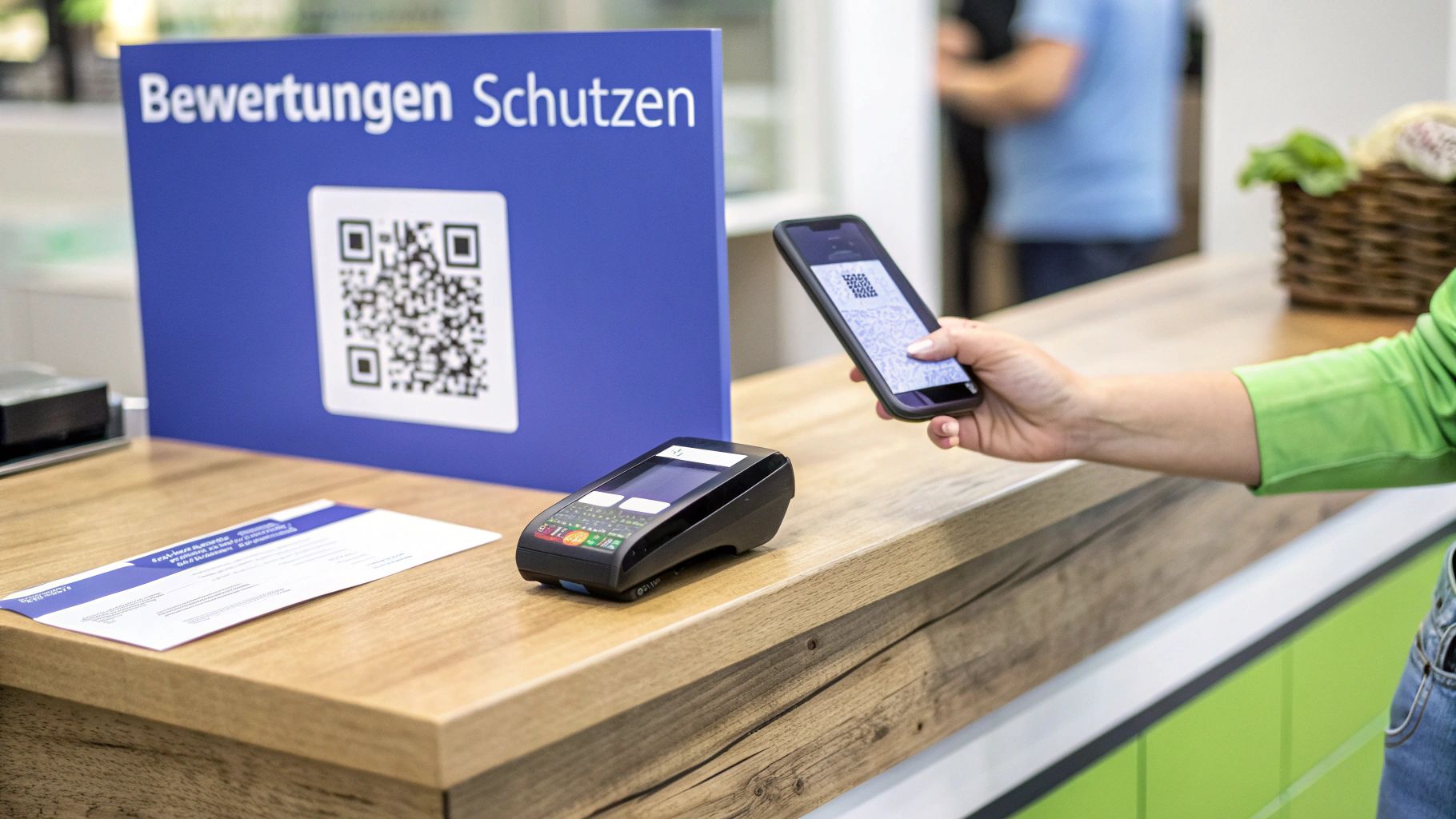Eine Person scannt mit ihrem Smartphone einen QR-Code auf einem blauen Schild mit der Aufschrift 'Bewertungen Schutzen' an einem Verkaufstresen.