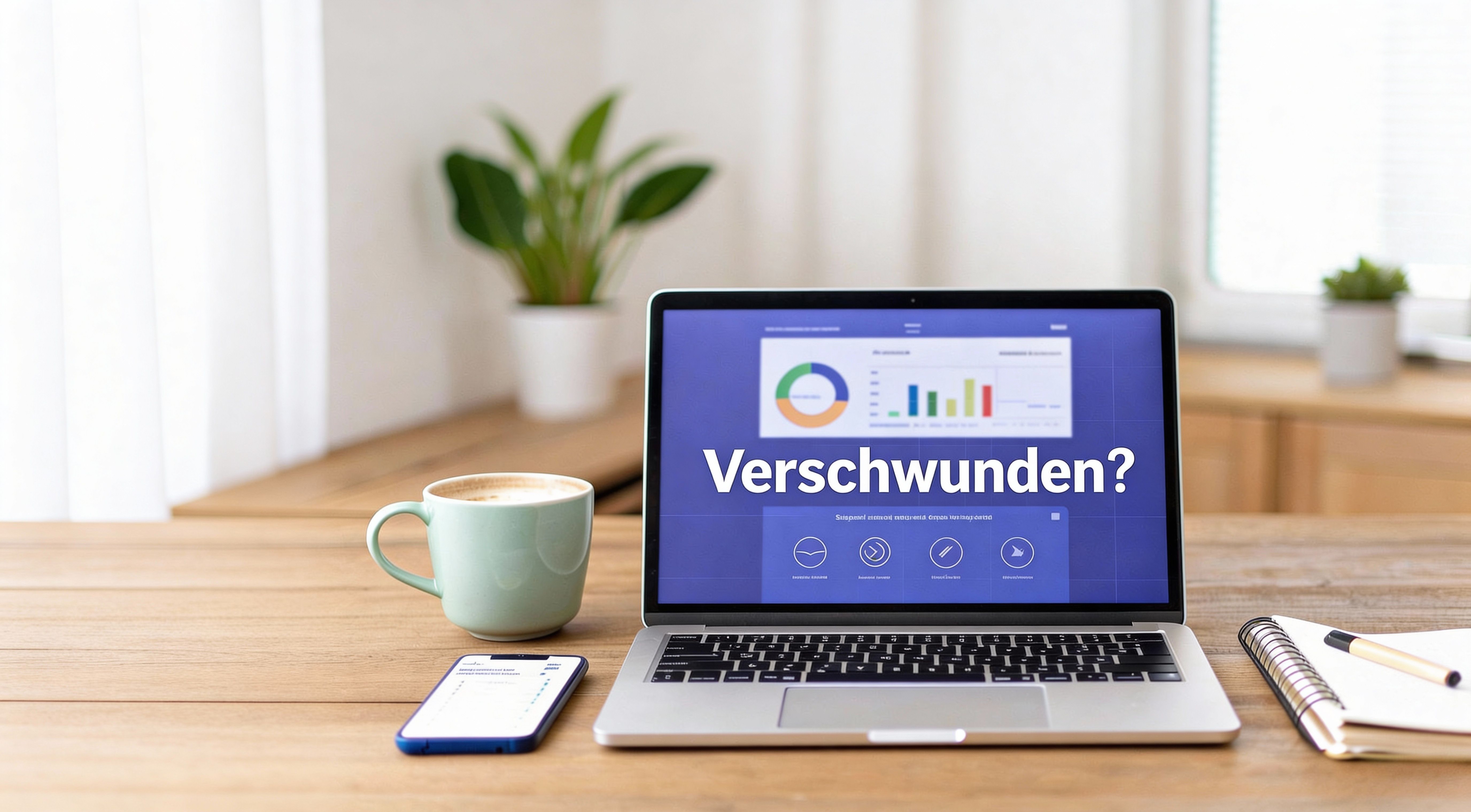 Ein Laptop auf einem Holztisch zeigt den Text ‚Verschwunden?‘ mit Diagrammen. Daneben stehen eine Kaffeetasse, ein Smartphone und ein Notizbuch, im Hintergrund eine Pflanze und ein helles Fenster.