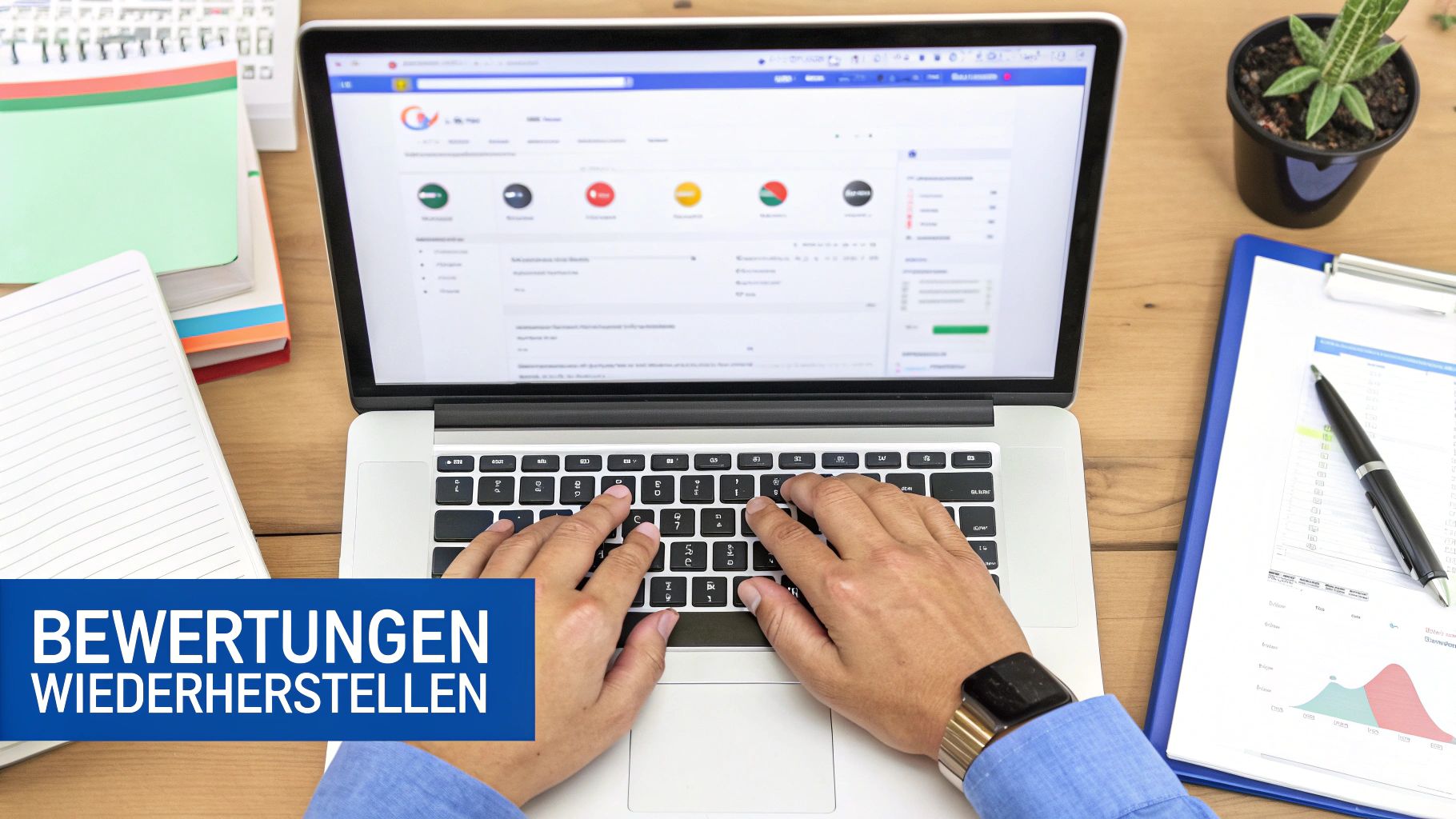 Eine Person tippt auf einem Laptop, um Bewertungen wiederherzustellen, mit Notizbüchern auf einem Holztisch.