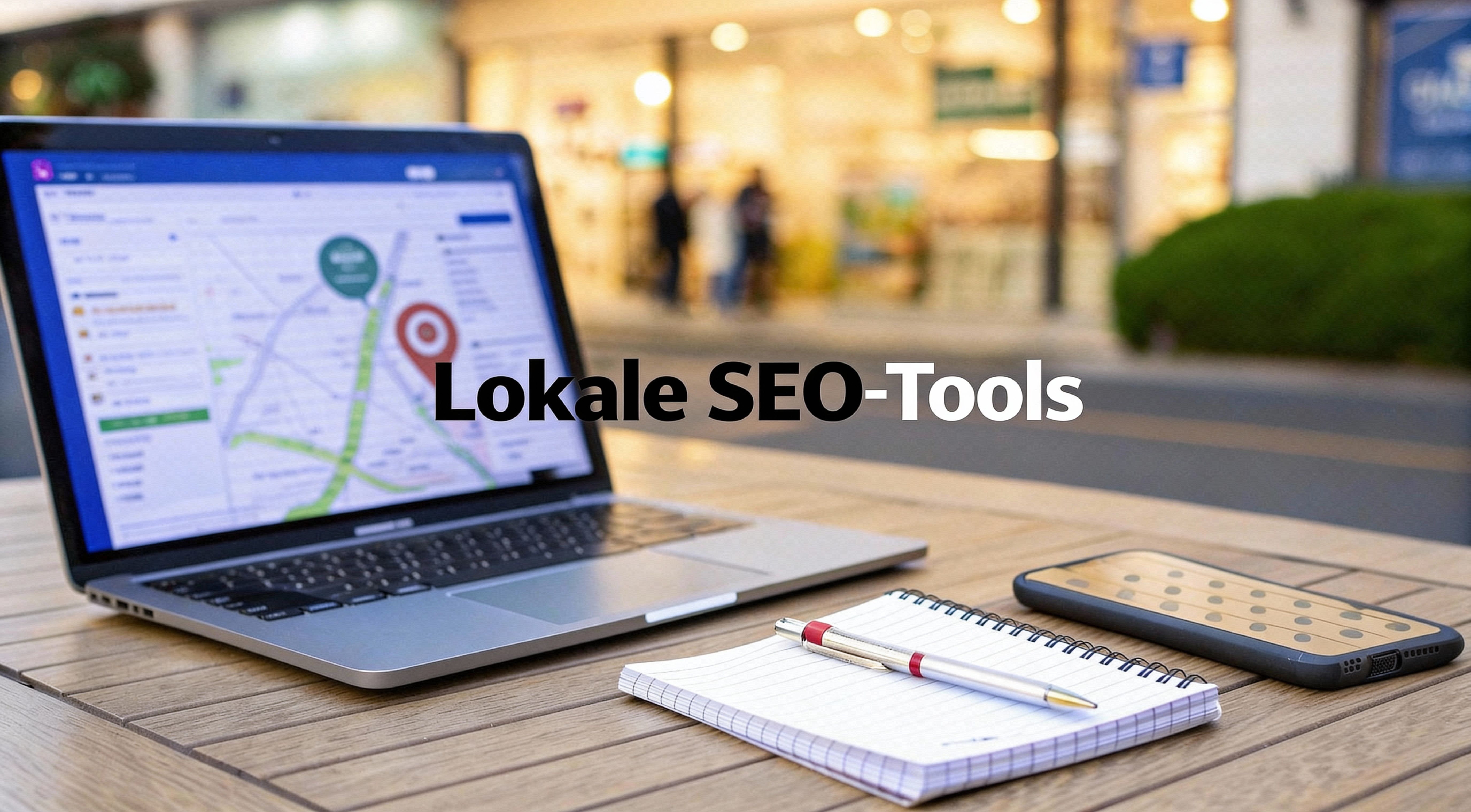 Ein Laptop auf einem Holztisch im Freien zeigt eine Kartenansicht mit Markierungen. Daneben liegen ein Notizblock mit Stift und ein Smartphone. Im Hintergrund ist eine unscharfe Fußgängerzone. Über dem Bild steht der Text „Lokale SEO-Tools“.