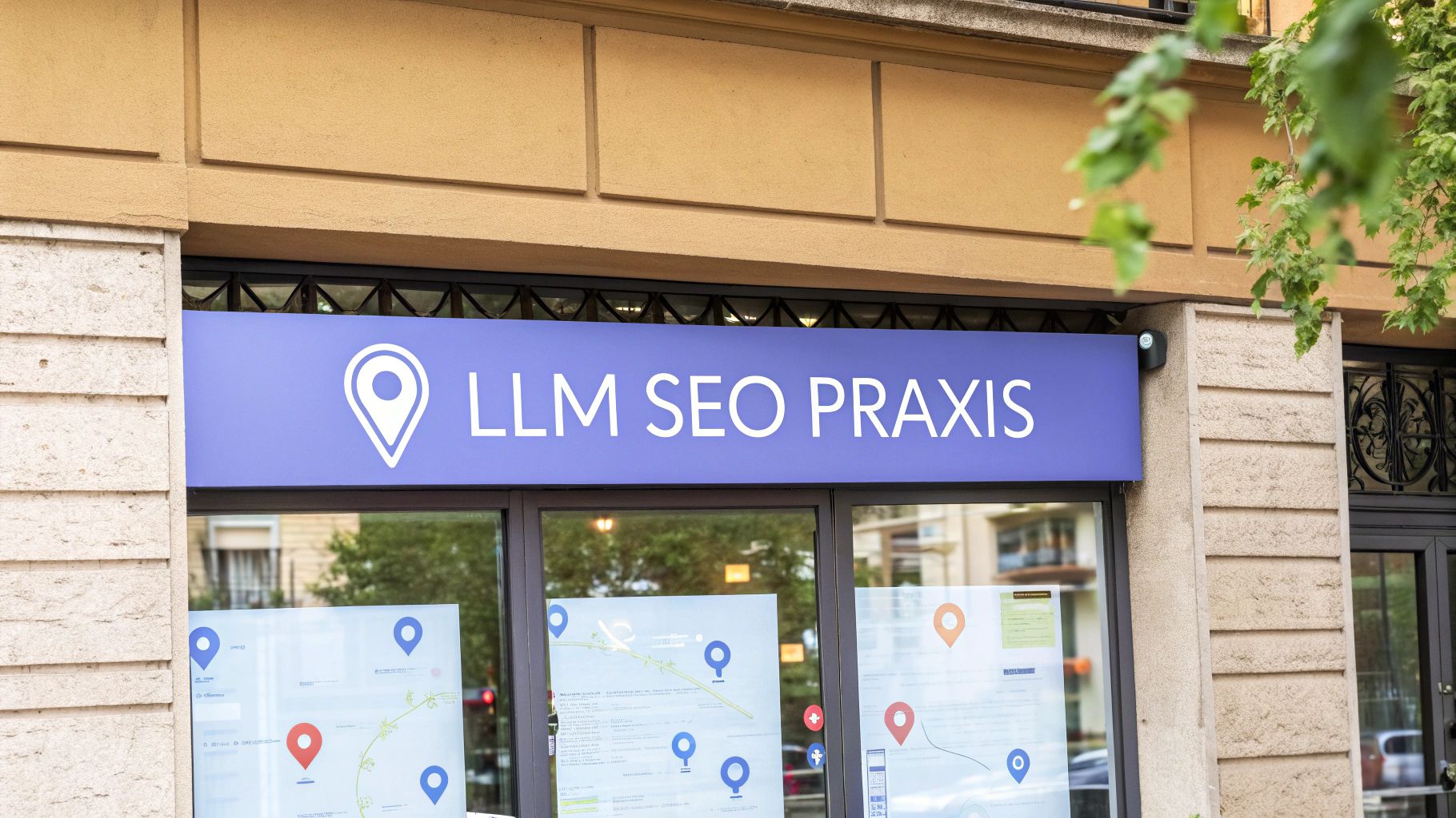 Ein Schaufenster einer Praxis mit dem Schild „LLM SEO PRAXIS“ und einem Standort-Icon. In den Fenstern sind Karten mit markierten Standorten zu sehen. Das Gebäude steht an einer Straße mit Bäumen im Vordergrund.
