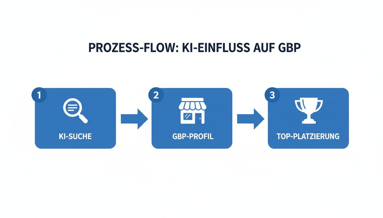 Prozess-Flow zeigt, wie KI-Suche und GBP-Profil zu Top-Platzierungen führen.