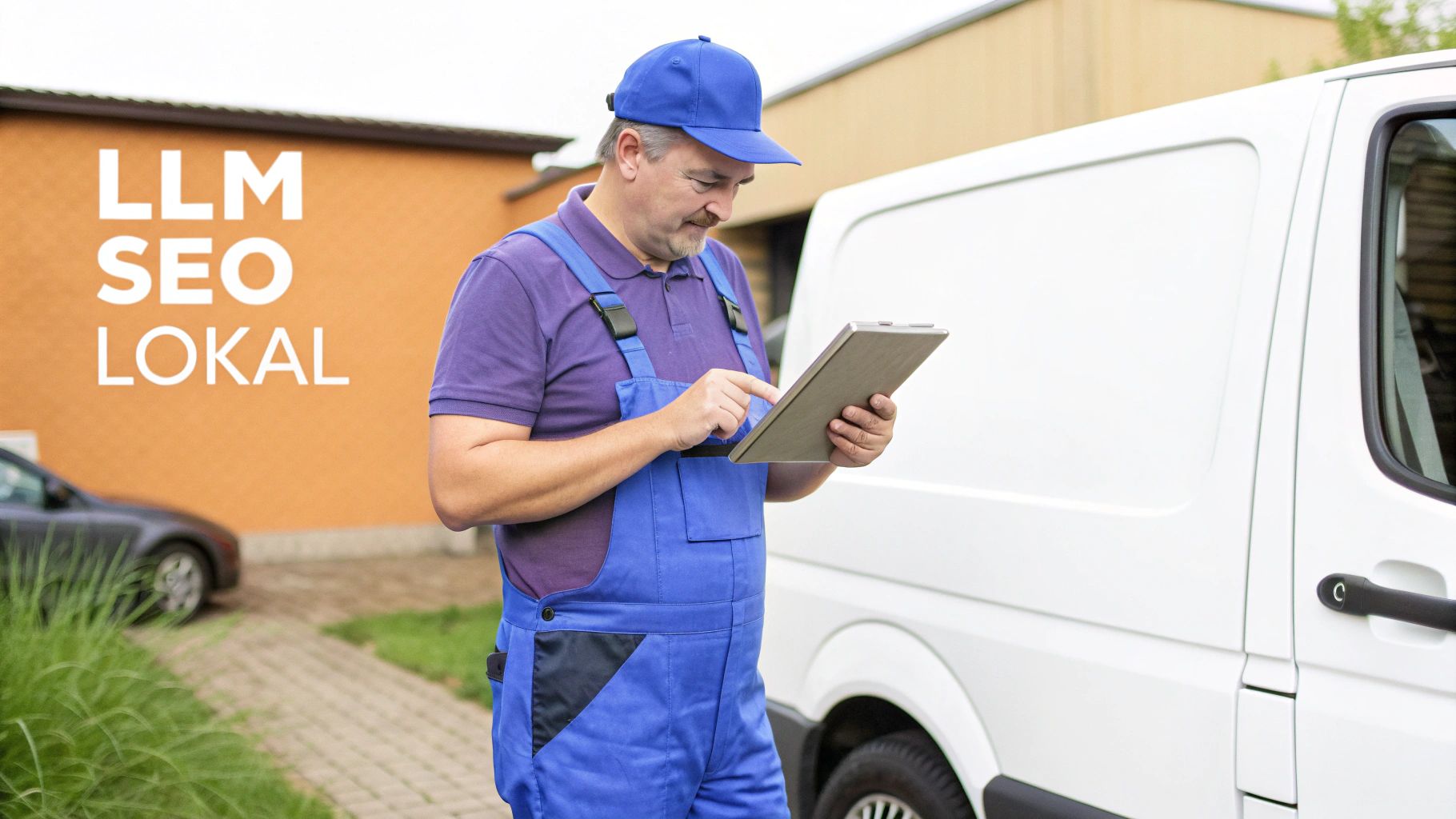 Mann in blauer Arbeitskleidung bedient ein Tablet neben einem weißen Lieferwagen, mit 'LLM SEO LOKAL' im Hintergrund.