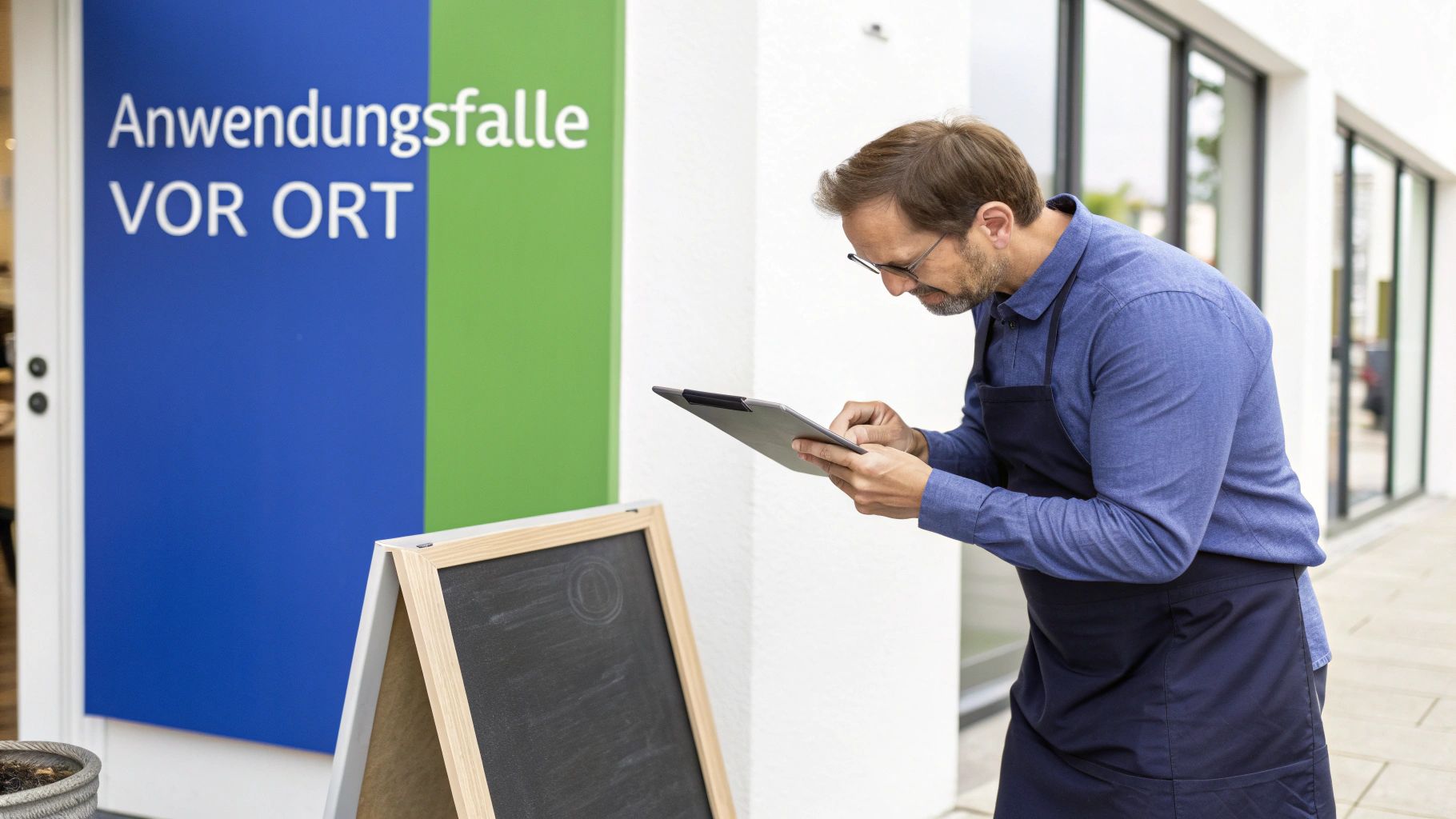 Ein bärtiger Mann mit Brille und Schürze bedient ein Tablet vor einem farbigen Schild mit der Aufschrift "Anwendungsfalle VOR ORT".