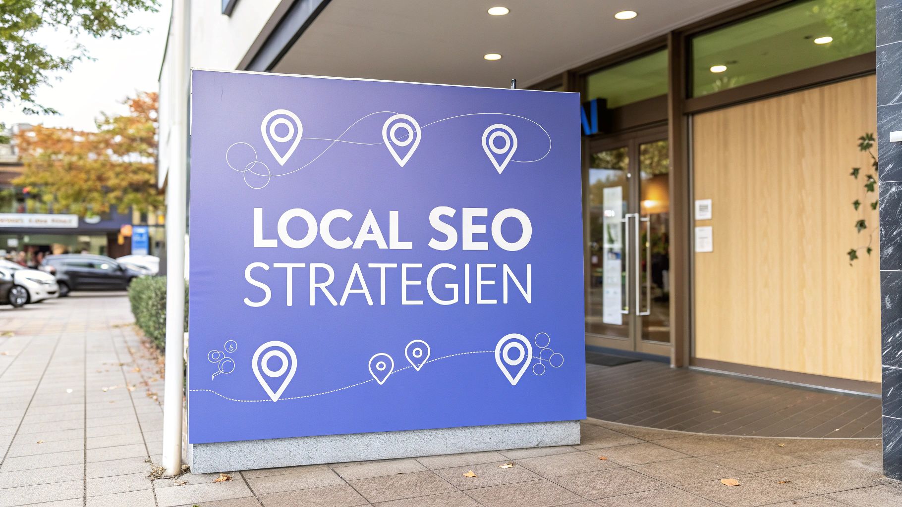 Ein großes Schild vor einem Gebäude mit der Aufschrift „LOCAL SEO STRATEGIEN“. Darauf sind mehrere Standort-Icons und Linien dargestellt. Im Hintergrund sieht man einen Gehweg, parkende Autos und den Eingang des Gebäudes.