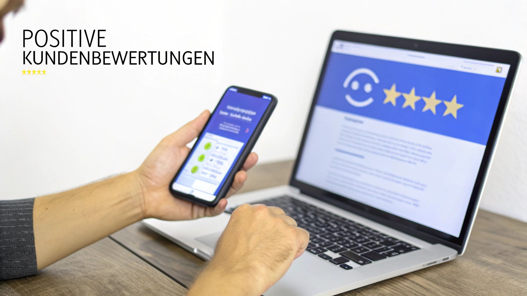 Eine Person prüft positive Kundenbewertungen auf Smartphone und Laptop mit 5 Sternen.