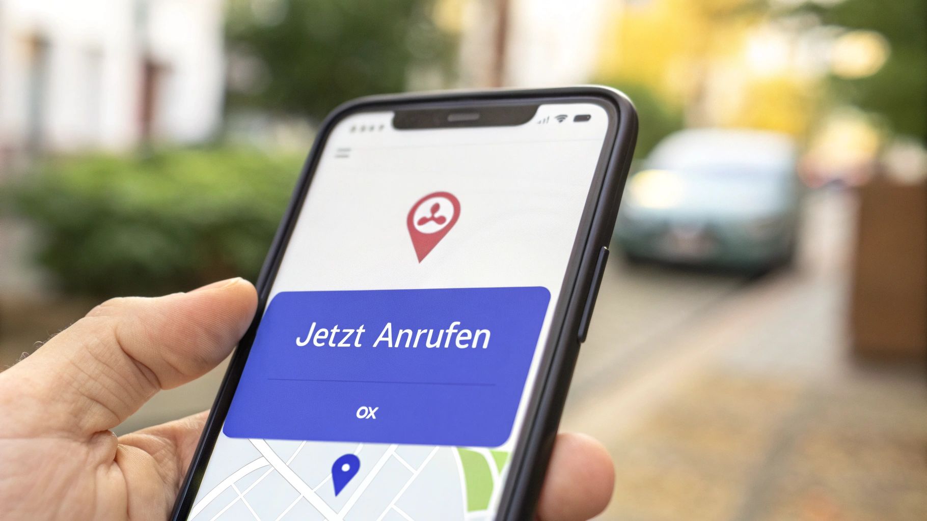 Eine Hand hält ein Smartphone, das eine App mit einem Standort-Pin und der Option 'Jetzt Anrufen' anzeigt.