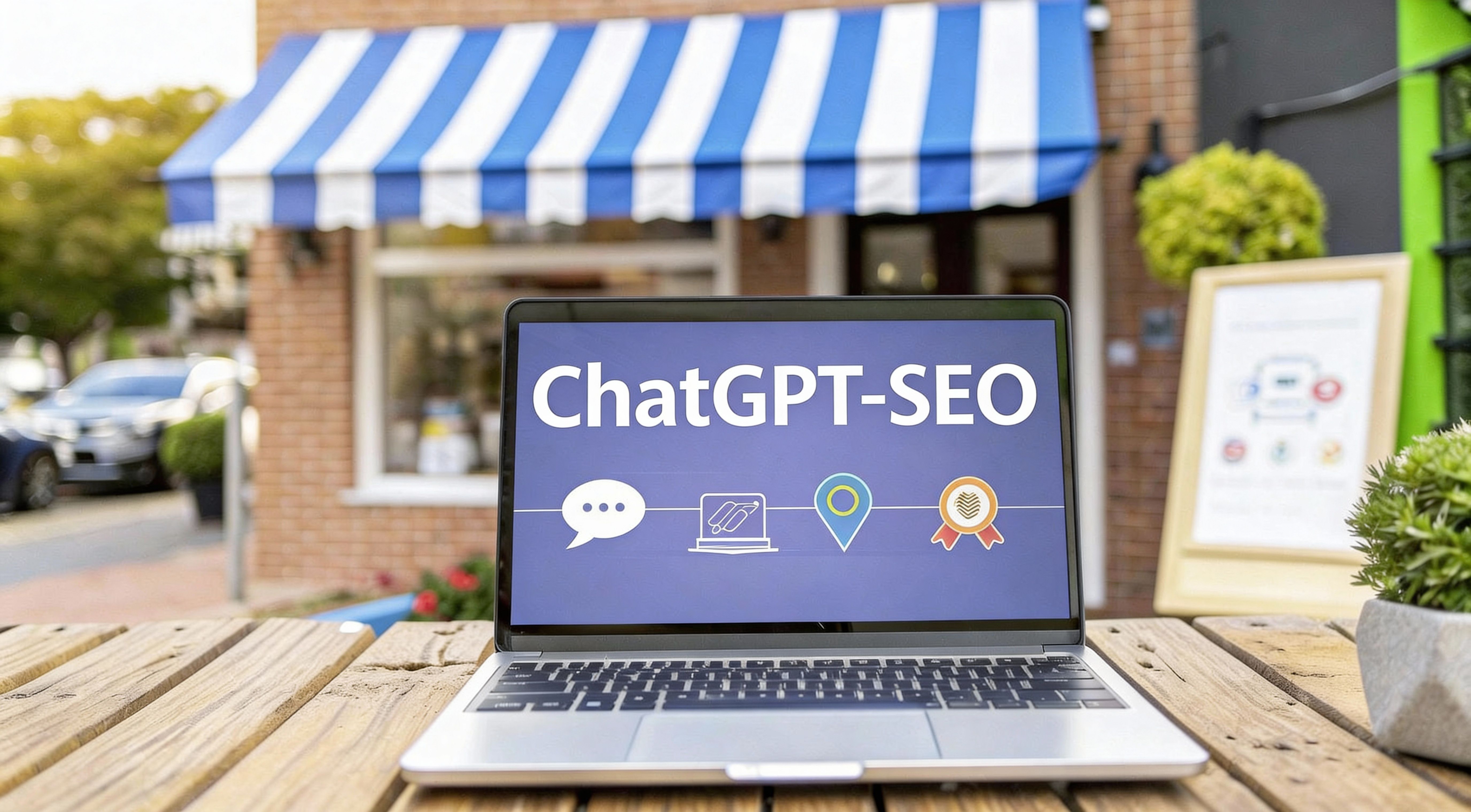 Ein Laptop auf einem Holztisch im Freien zeigt den Text „ChatGPT-SEO“ auf dem Bildschirm. Darunter sind Symbole für Chat, Laptop, Standort und Auszeichnung zu sehen. Im Hintergrund steht ein Geschäft mit blau-weißer Markise.