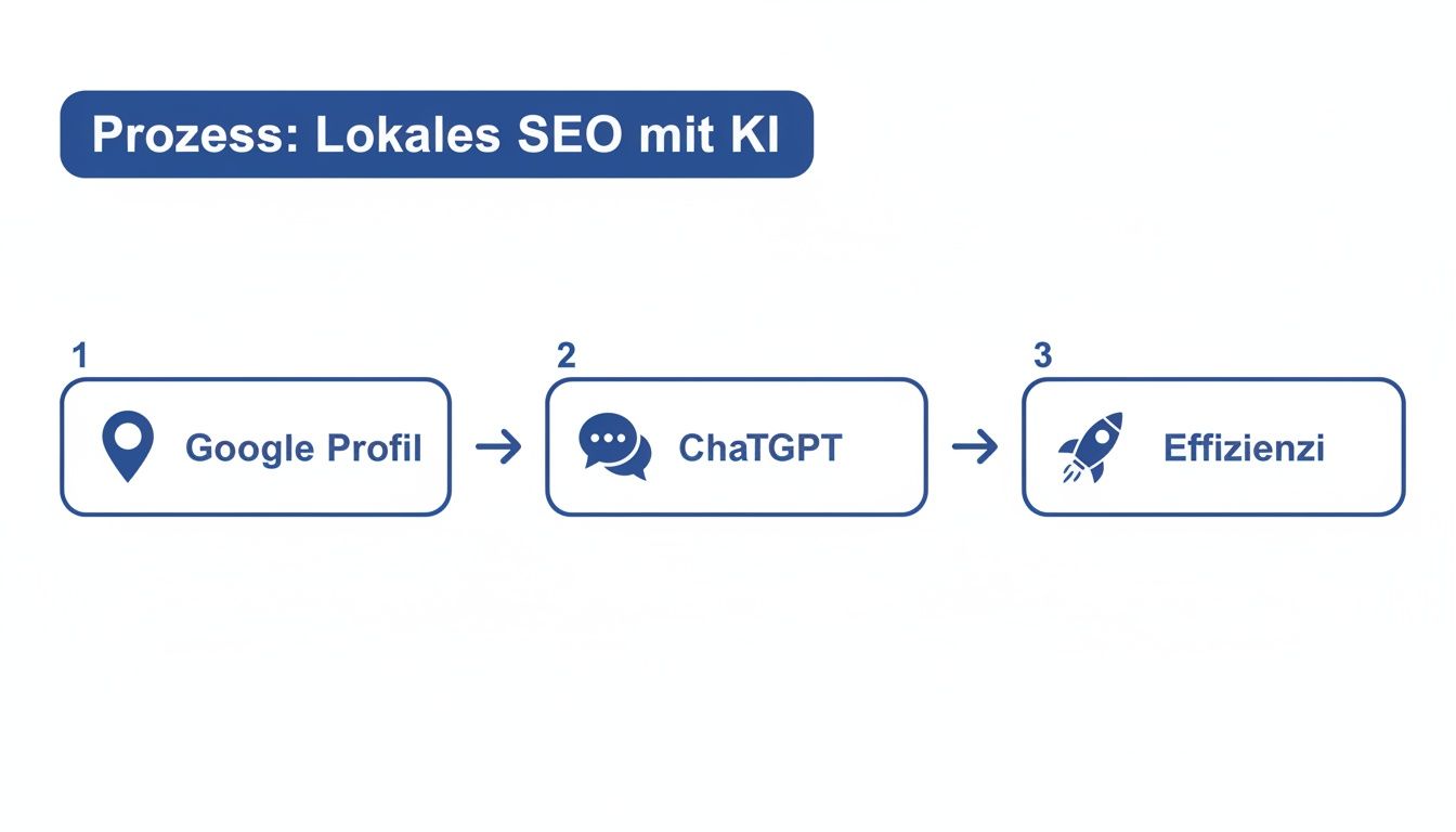 Flussdiagramm zeigt den Prozess von lokalem SEO mit KI: Google Profil, ChatGPT für Optimierung und resultierende Effizienz.