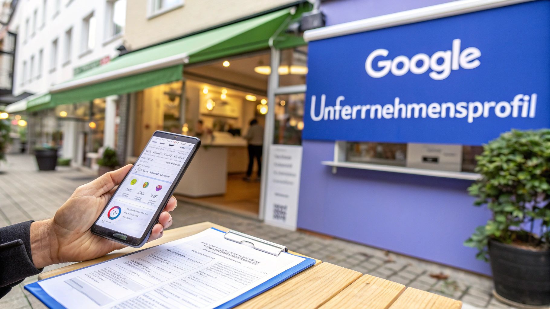 Hand hält Smartphone mit Geschäftsdaten-App vor einem Geschäft mit Google Unternehmensprofil-Schild.