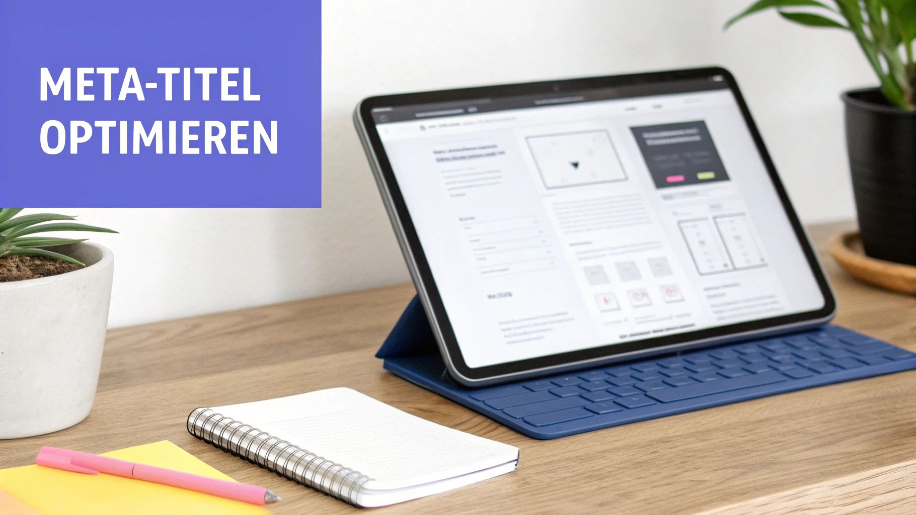 Ein Schreibtisch mit Tablet, das eine Web-Oberfläche zeigt, und dem Text 'Meta-Titel optimieren' für SEO.