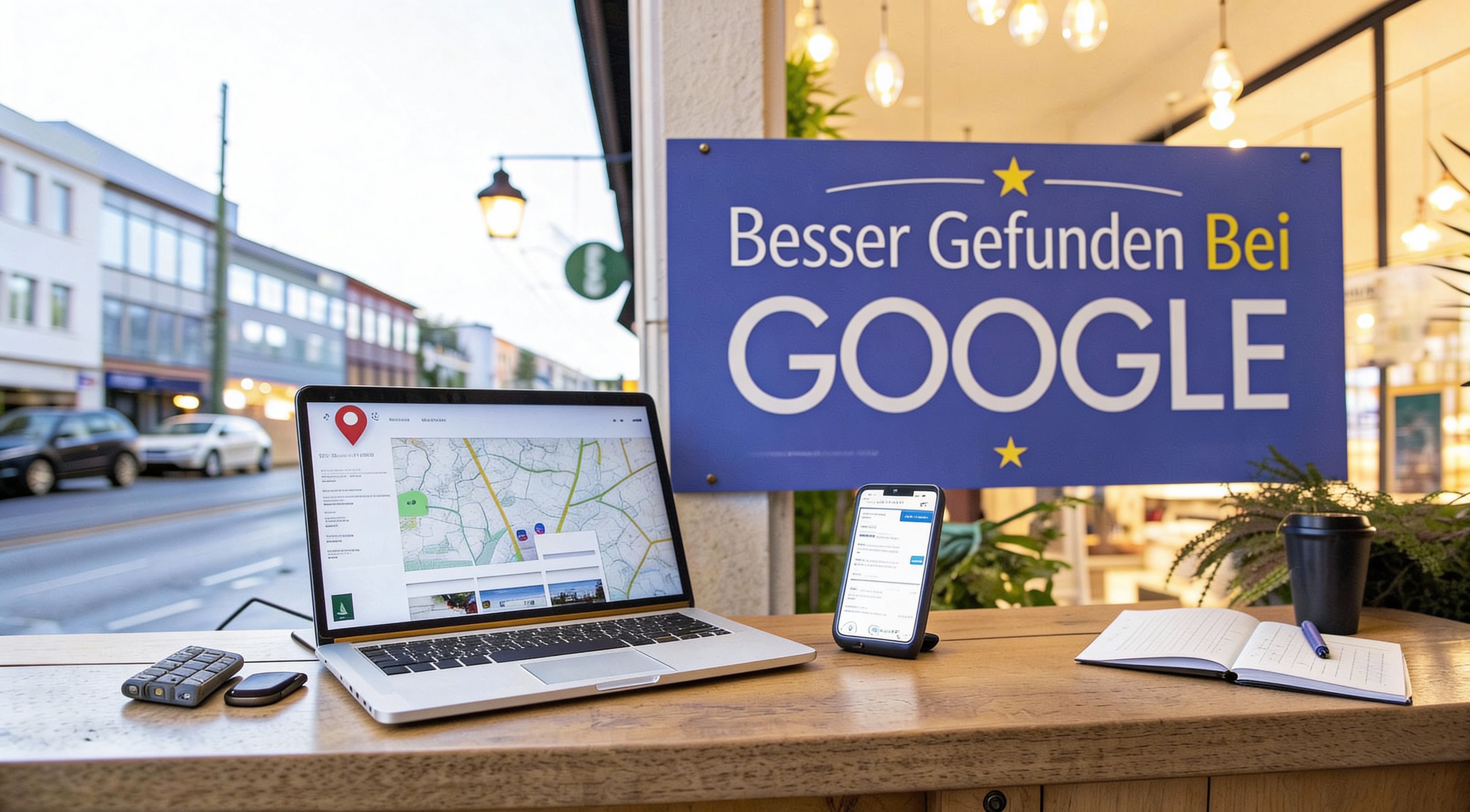 Ein Laptop und ein Smartphone stehen auf einem Holztisch vor einem Schaufenster. Auf dem Laptop ist eine Kartenansicht geöffnet. Daneben hängt ein großes Schild mit der Aufschrift „Besser Gefunden bei Google“. Im Hintergrund sieht man eine Straße mit Gebäuden.