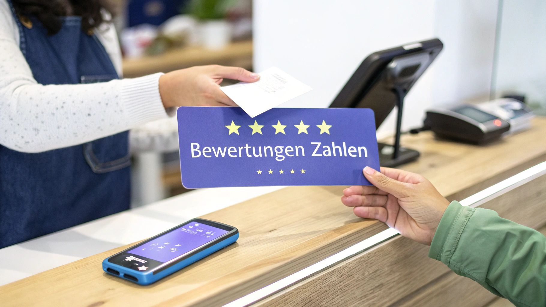 Kunde an der Kasse hält ein Schild mit "Bewertungen Zahlen" und fünf Bewertungssternen, während eine Quittung übergeben wird.