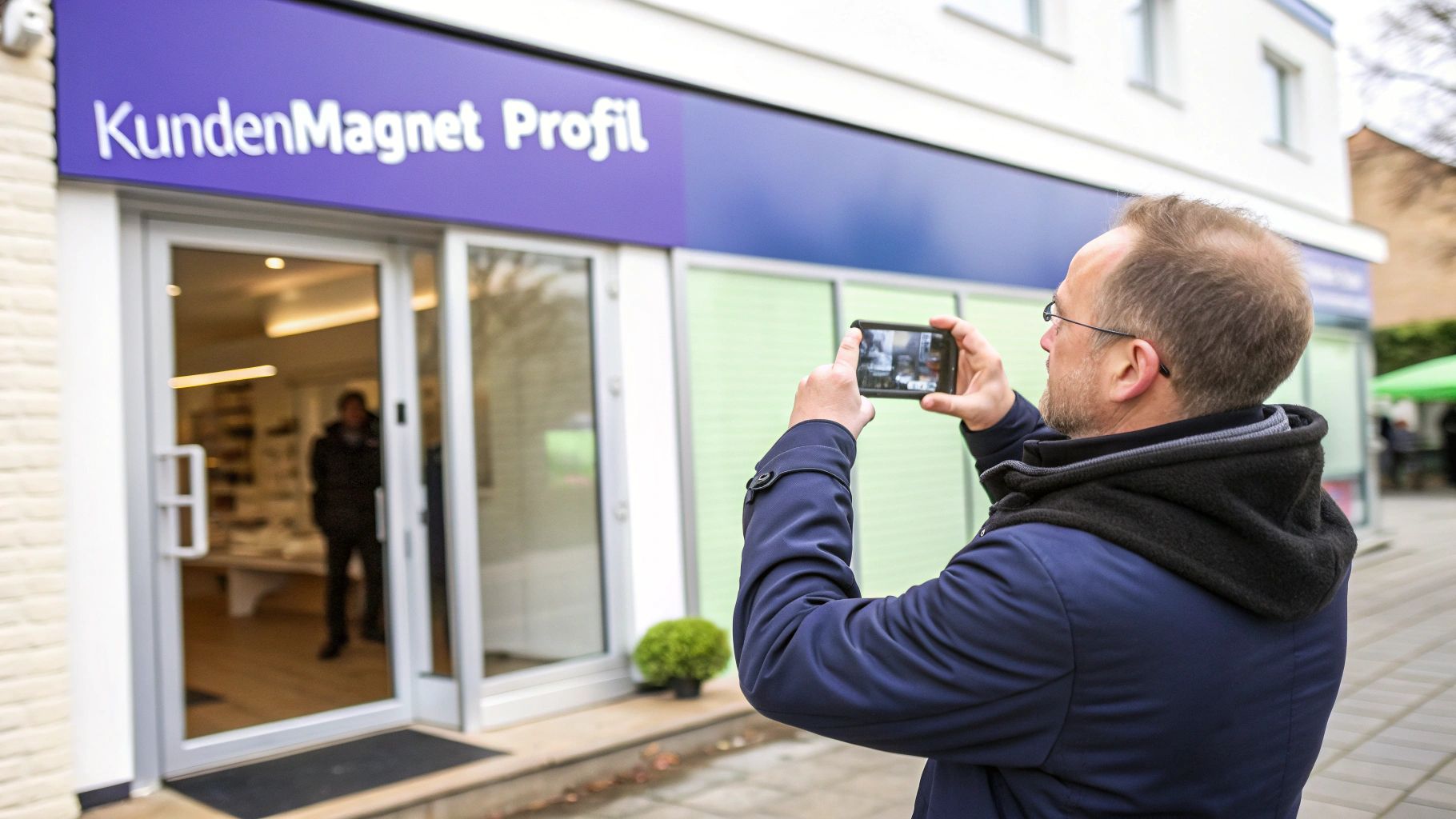 Ein Mann fotografiert mit seinem Smartphone das Geschäft 'KundenMagnet Profil', um es besser sichtbar zu machen.