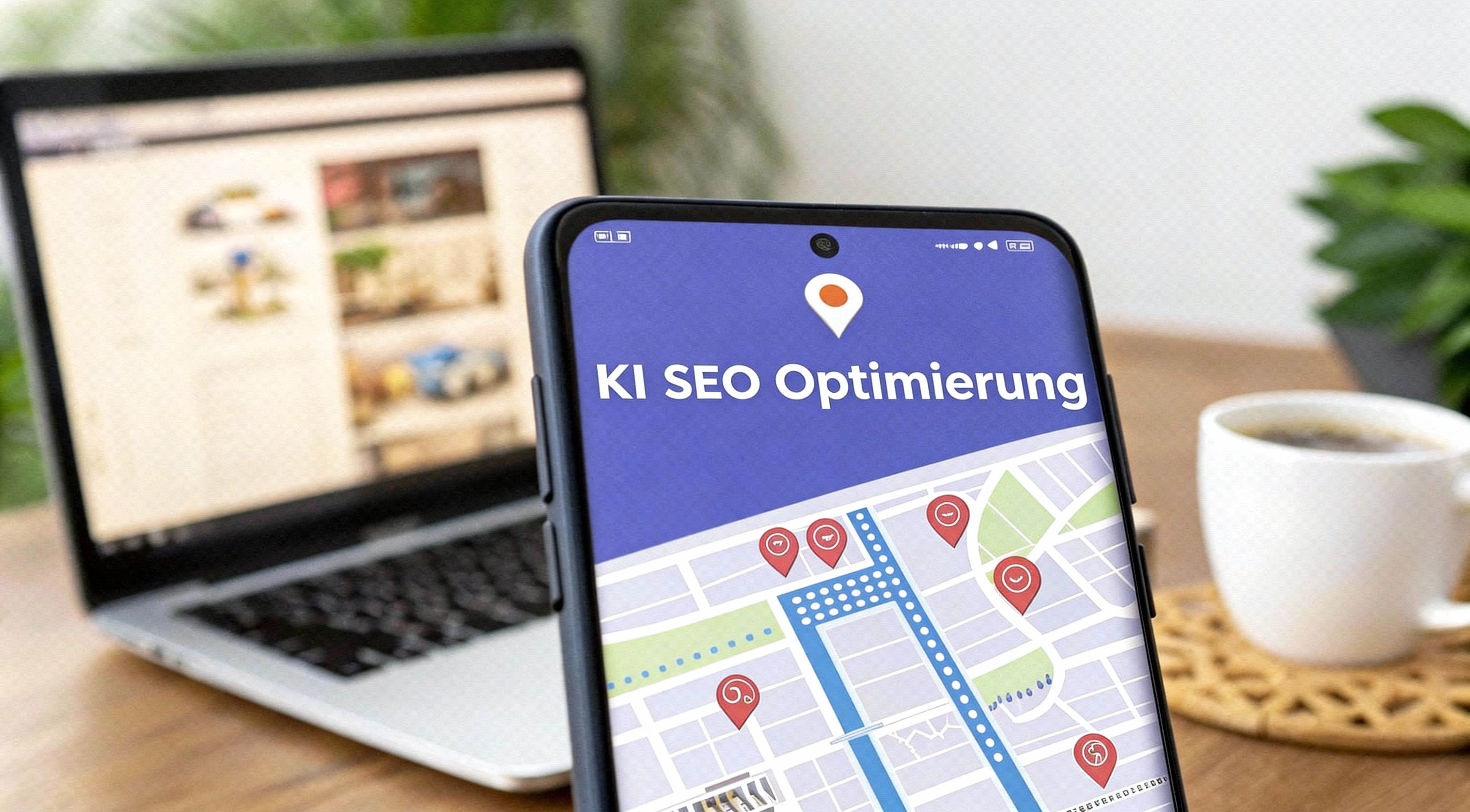 Ein Smartphone im Vordergrund zeigt den Text „KI SEO Optimierung“ über einer Kartenansicht mit Standort-Markern. Im Hintergrund stehen ein aufgeklappter Laptop und eine Kaffeetasse auf einem Schreibtisch.