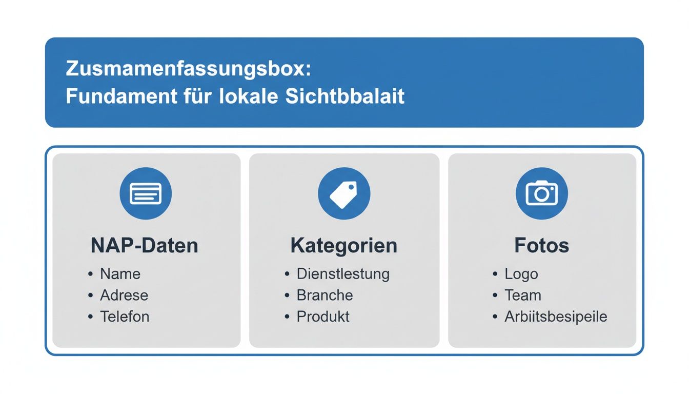 Infografik zeigt die drei Säulen der lokalen Online-Sichtbarkeit: NAP-Daten, Kategorien und Fotos mit Beispielen.