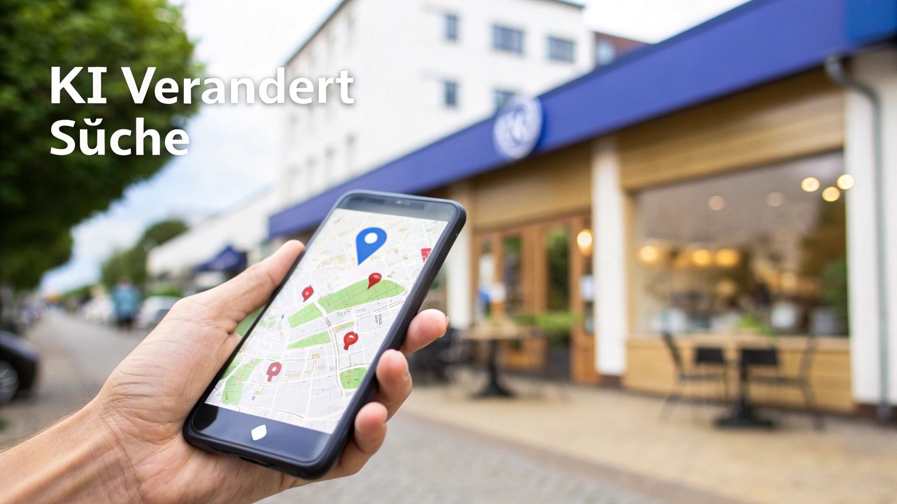 Eine Hand hält ein Smartphone mit einer Navigationskarte. Der Text 'KI Verändert Suche' ist im Vordergrund eingeblendet.