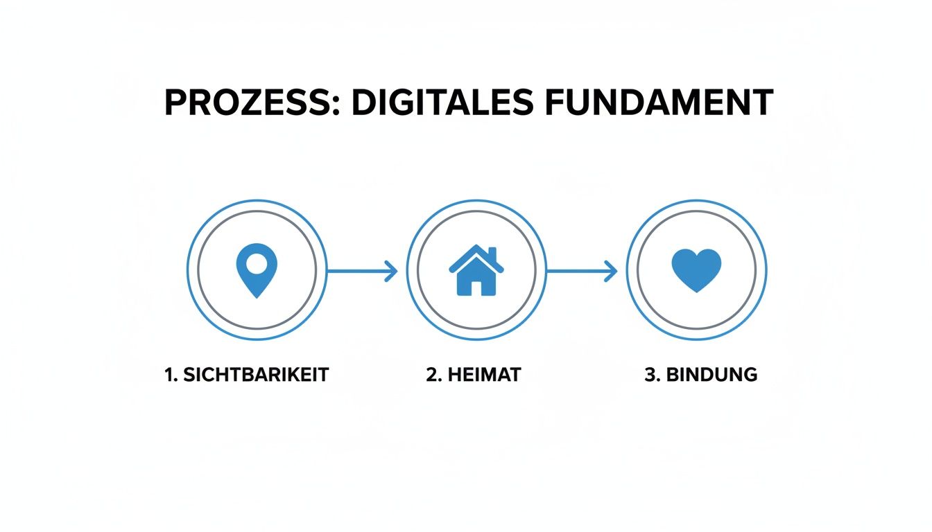 Schema: Prozess eines digitalen Fundaments mit den Schritten Sichtbarkeit (Ortssymbol), Heimat (Haussymbol) und Bindung (Herzsymbol).