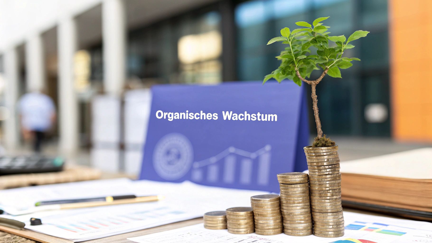 Mehrere gestapelte Münzen stehen auf einem Tisch. Aus dem höchsten Stapel wächst eine kleine Pflanze. Im Hintergrund sieht man Unterlagen und ein Schild mit der Aufschrift „Organisches Wachstum“ in einem modernen Büro- oder Geschäftsbereich.