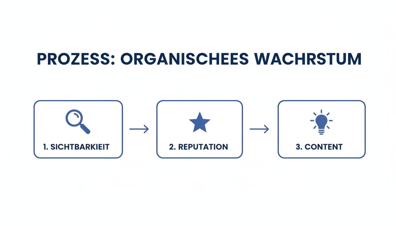 Eine Infografik stellt den dreistufigen Prozess für organisches Wachstum dar: Sichtbarkeit, Reputation und Content.