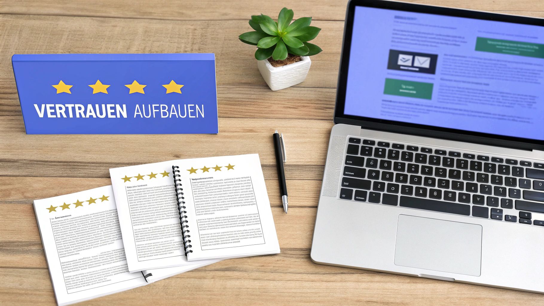 Ein Schreibtisch mit Laptop, Notizbüchern und einem Schild 'Vertrauen aufbauen' mit drei goldenen Sternen.