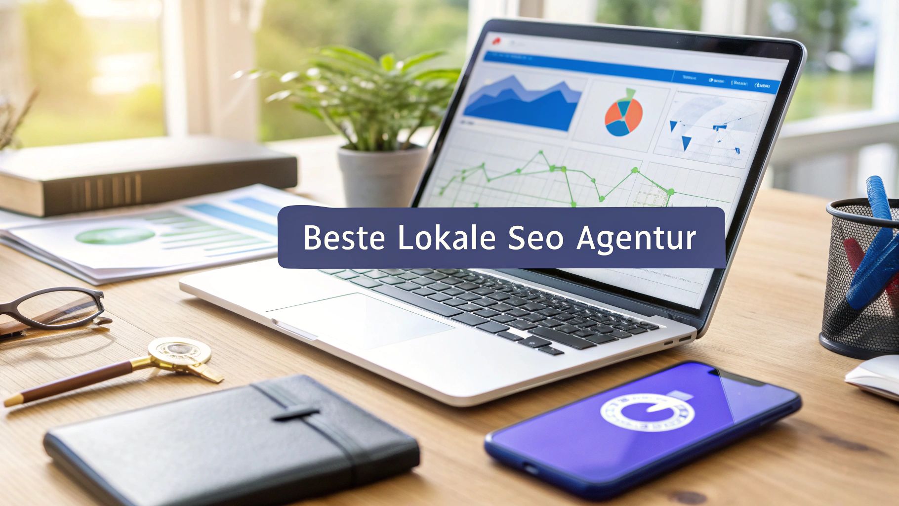 Ein Laptop auf einem Schreibtisch zeigt Diagramme und Statistiken. Über dem Bild steht der Text „Beste Lokale Seo Agentur“. Auf dem Tisch liegen ein Smartphone, ein Notizbuch, eine Uhr, Stifte und Unterlagen. Im Hintergrund steht eine Pflanze am Fenster.