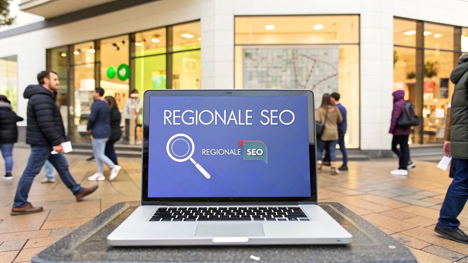 Ein Laptop steht auf einem Tisch in einer Fußgängerzone. Auf dem Bildschirm steht „REGIONALE SEO“ mit einer Lupe als Symbol. Im Hintergrund gehen Menschen an Geschäften vorbei.