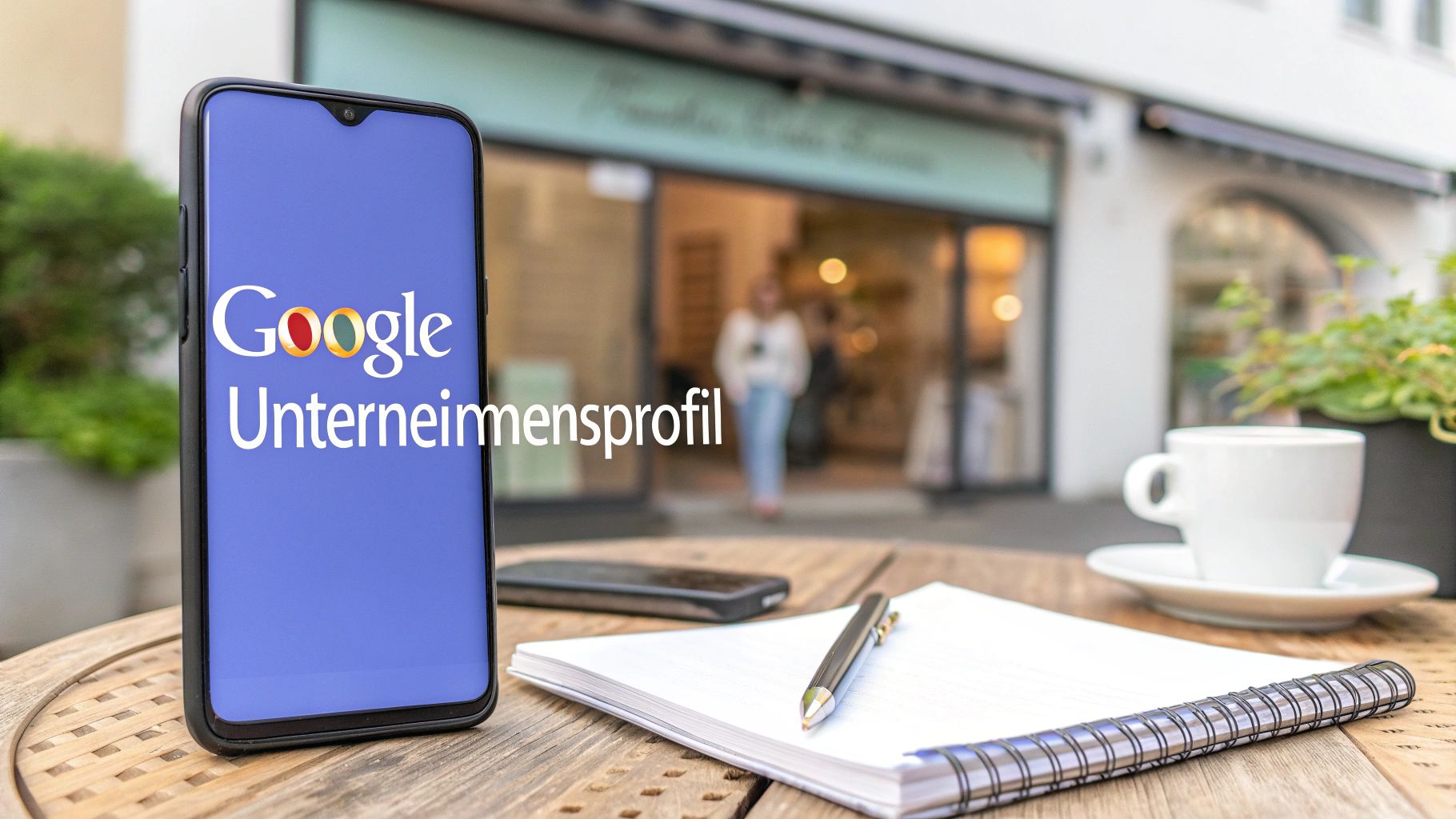 Smartphone zeigt 'Google Unternehmensprofil' auf einem Holztisch mit Notizbuch und Kaffee vor einem Geschäft.