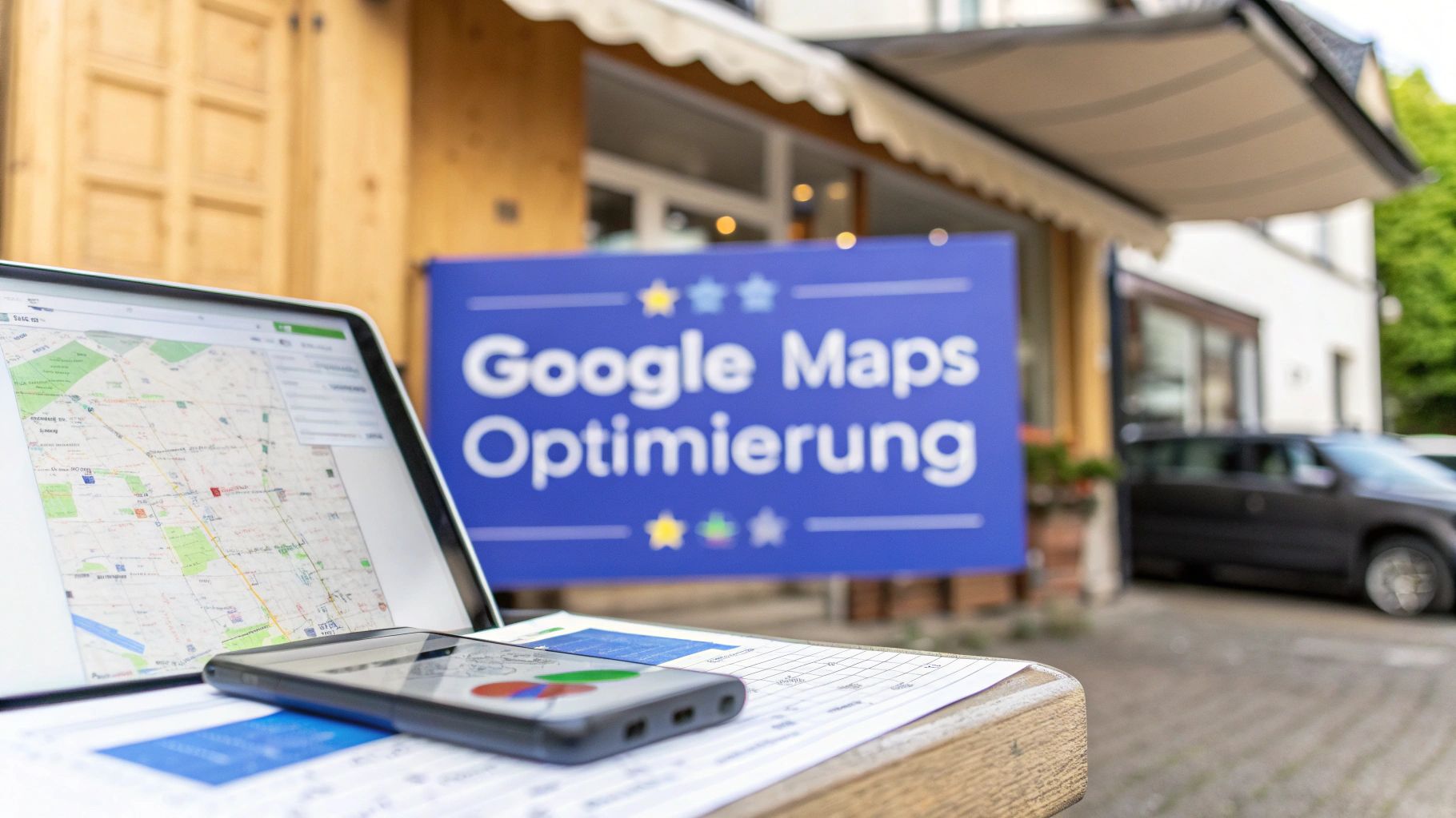Ein Laptop und ein Smartphone liegen auf einem Holztisch vor einem Geschäft. Auf dem Laptop ist eine Kartenansicht geöffnet. Im Hintergrund hängt ein Schild mit der Aufschrift „Google Maps Optimierung“.