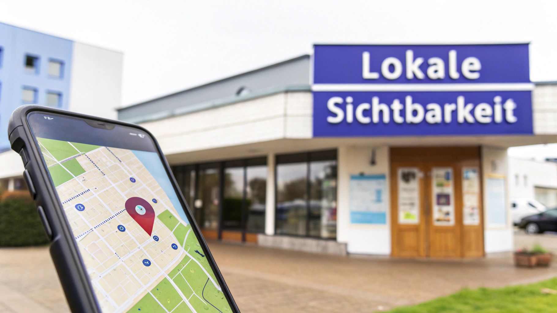 Smartphone mit Karten-App zeigt Standort vor einem Gebäude mit 'Lokale Sichtbarkeit' Schild, das Relevanz für lokales SEO hervorhebt.