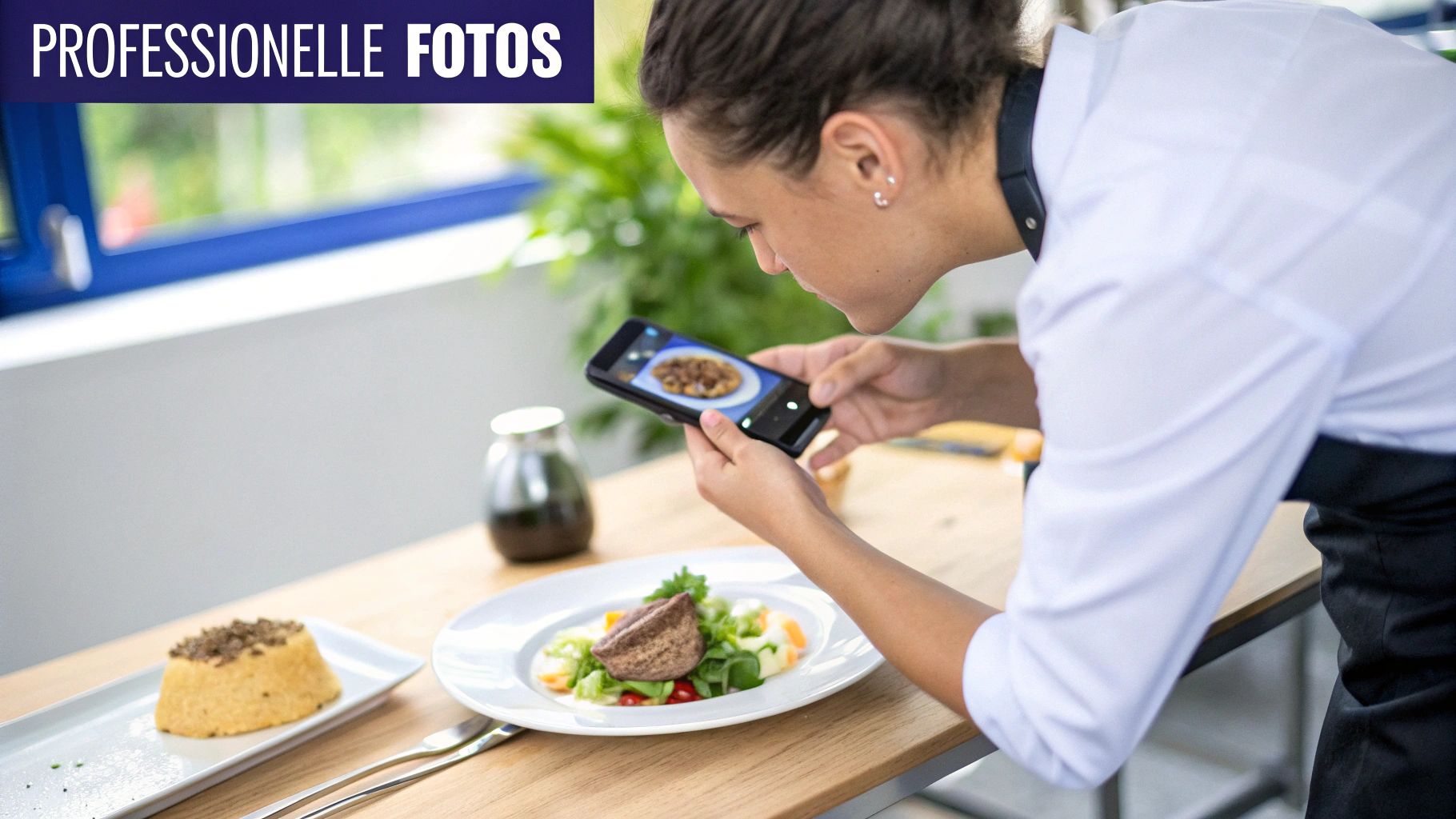 Eine Person fotografiert professionell angerichtetes Essen mit einem Smartphone für hochwertige Produktfotos.