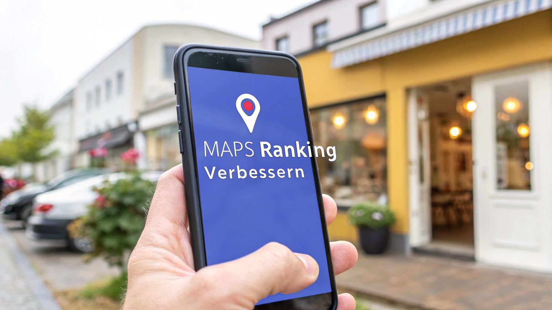 Eine Hand hält ein Smartphone mit dem Text „MAPS Ranking Verbessern“ und einem Standort-Icon auf dem Display. Im Hintergrund sieht man eine Ladenstraße mit einem Café oder Geschäft.
