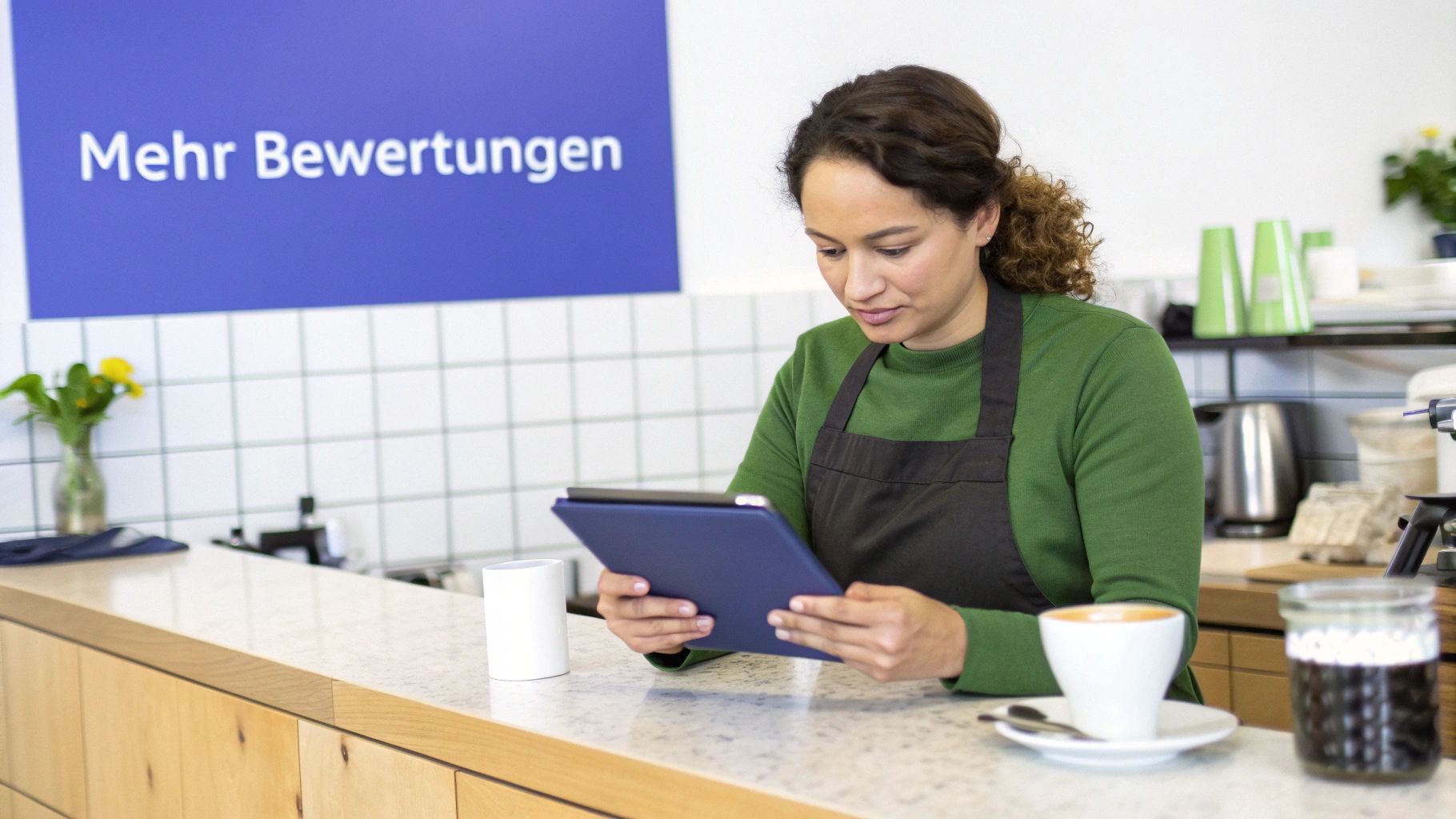 Eine Frau in einem Café schaut auf ein Tablet, mit einem Schild 'Mehr Bewertungen' im Hintergrund.