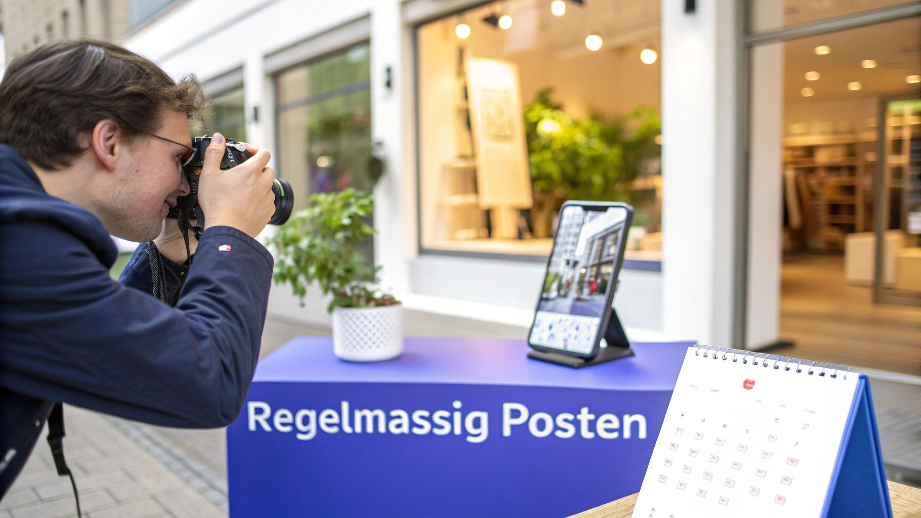 Ein Mann fotografiert mit einer Kamera eine Szene mit Smartphone, Kalender und Schild 'Regelmässig Posten'.