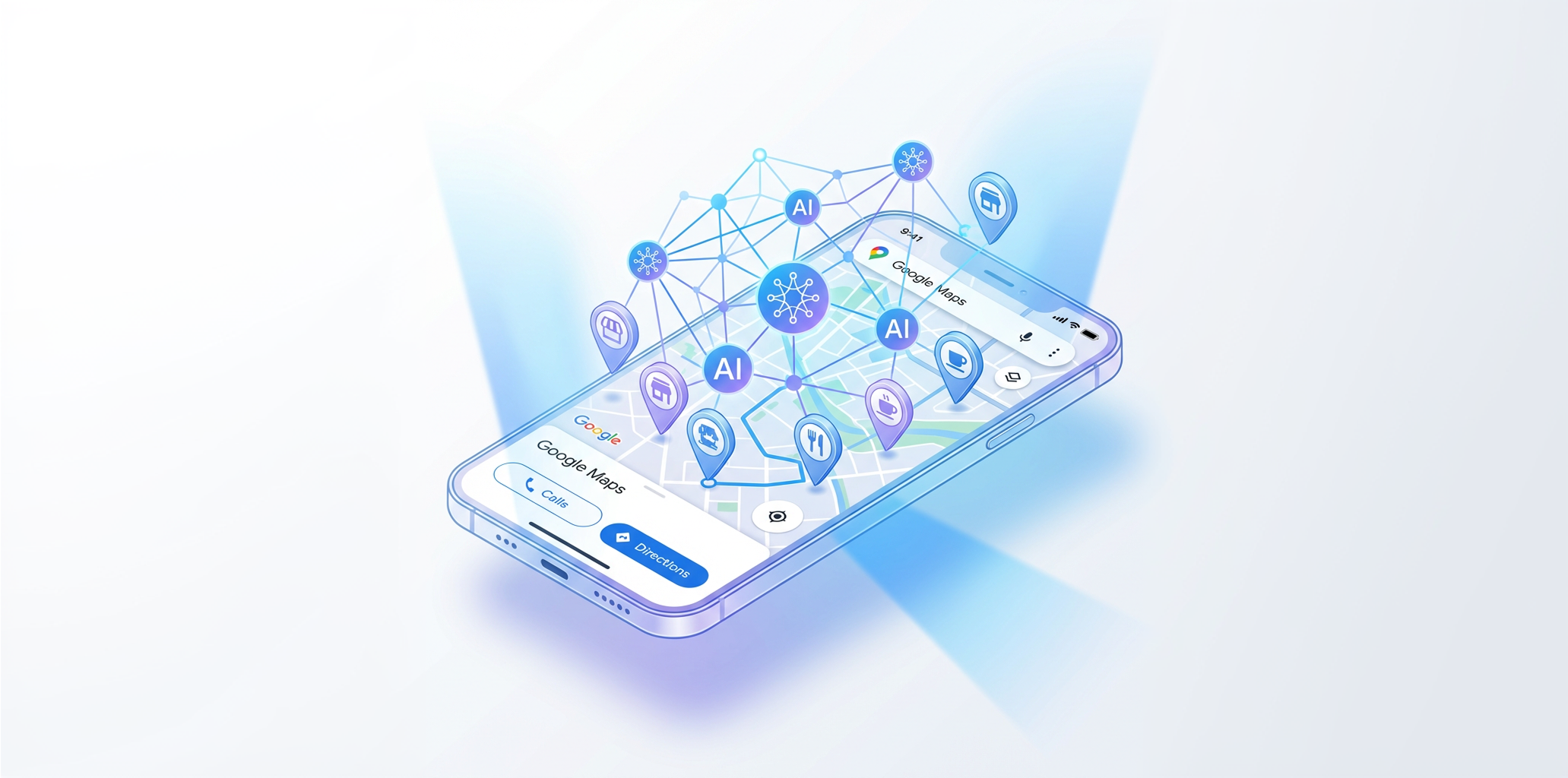 A modern smartphone in the center that shows an interactive Google Maps map. Glowing data points and AI links (symbolizing Gemini) float above the map, highlighting local businesses.