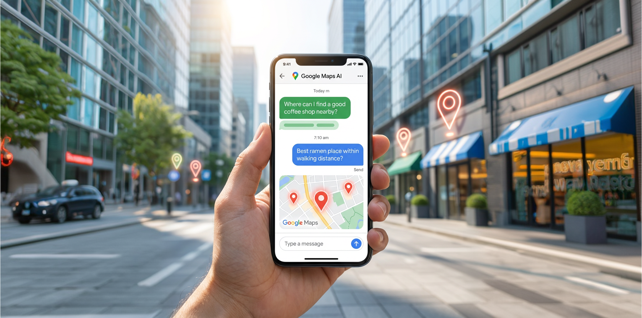 A person is holding a smartphone that shows a chat dialog with Google Maps (speech bubbles with questions about local locations). In the background, you can see a stylized, modern city environment with highlighted location pins.