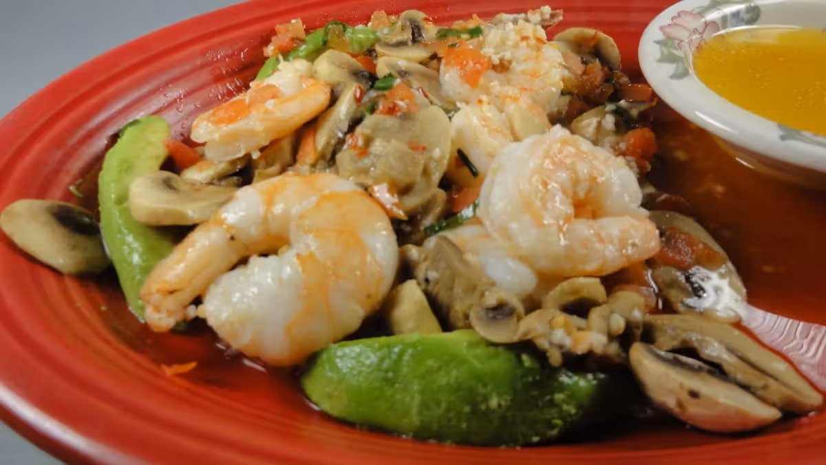 Shrimp, mushroom, and avocado dish