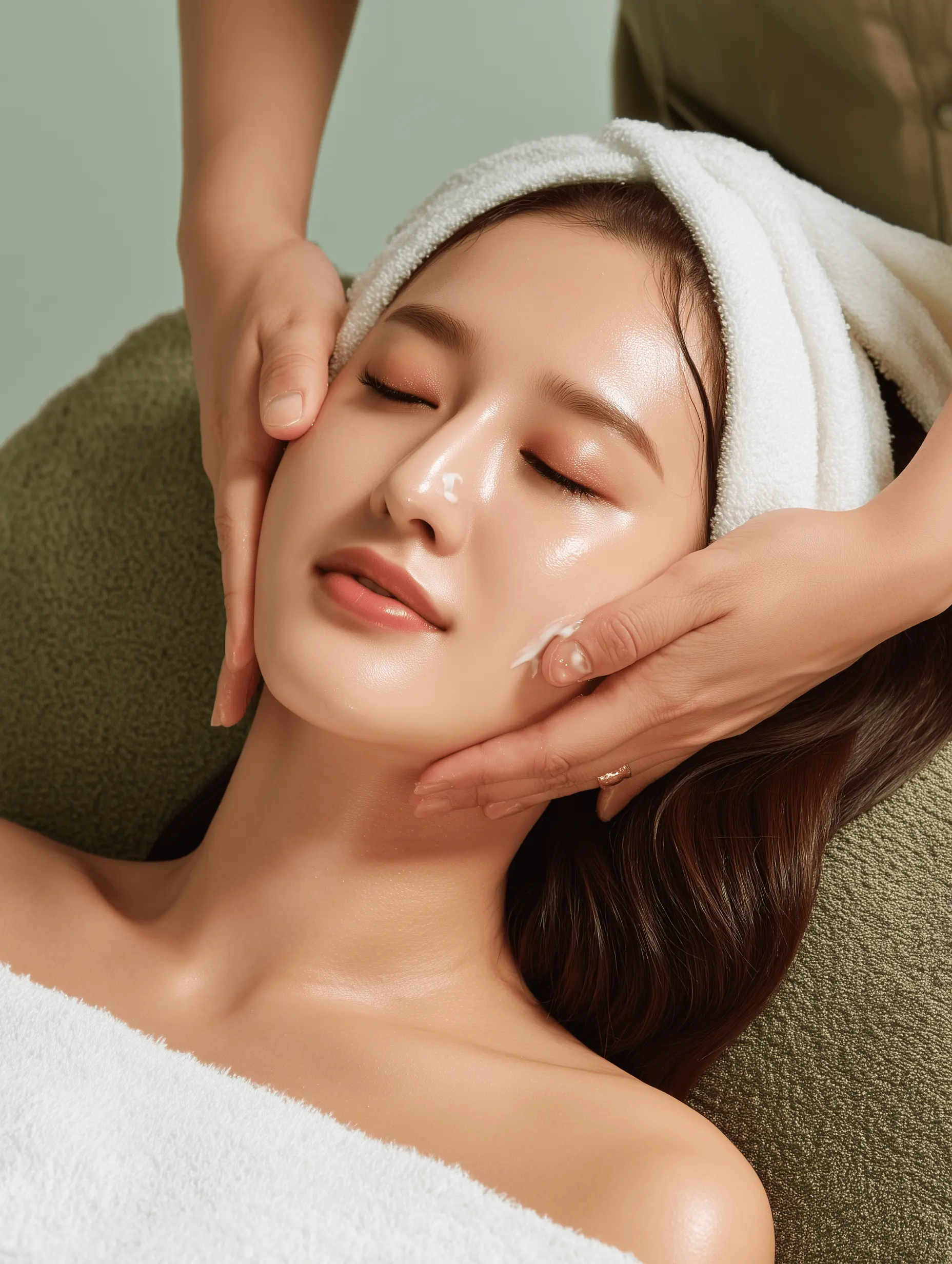 Woman lying down having a head massage.