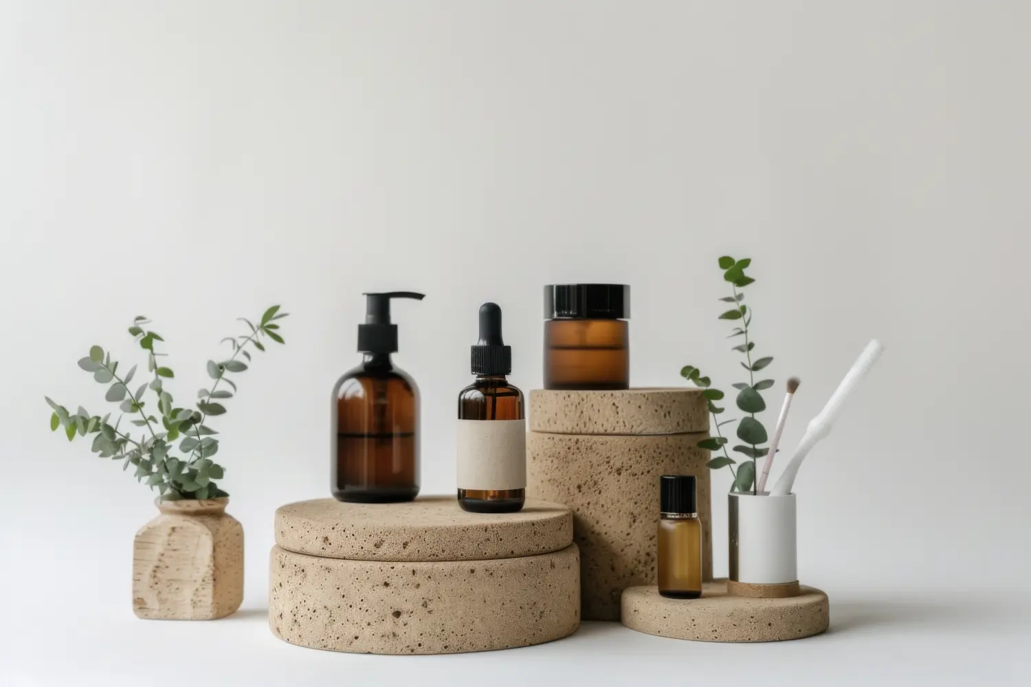 Glasbehälter für Naturkosmetik auf einem Podium aus Steinen