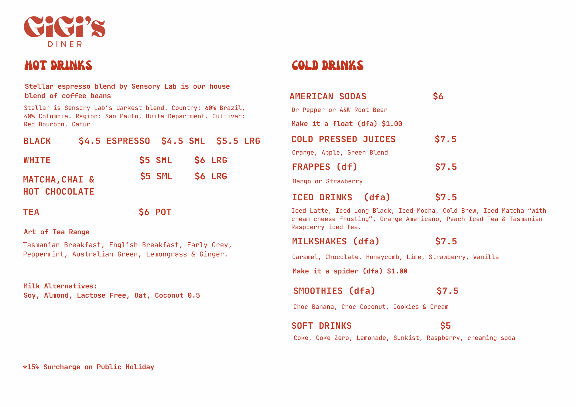 GiGi's Diner menu listing hot drinks including espresso, tea, and milk alternatives, and cold drinks such as sodas, cold-pressed juices, frappes, iced drinks, milkshakes, smoothies, and soft drinks with prices.