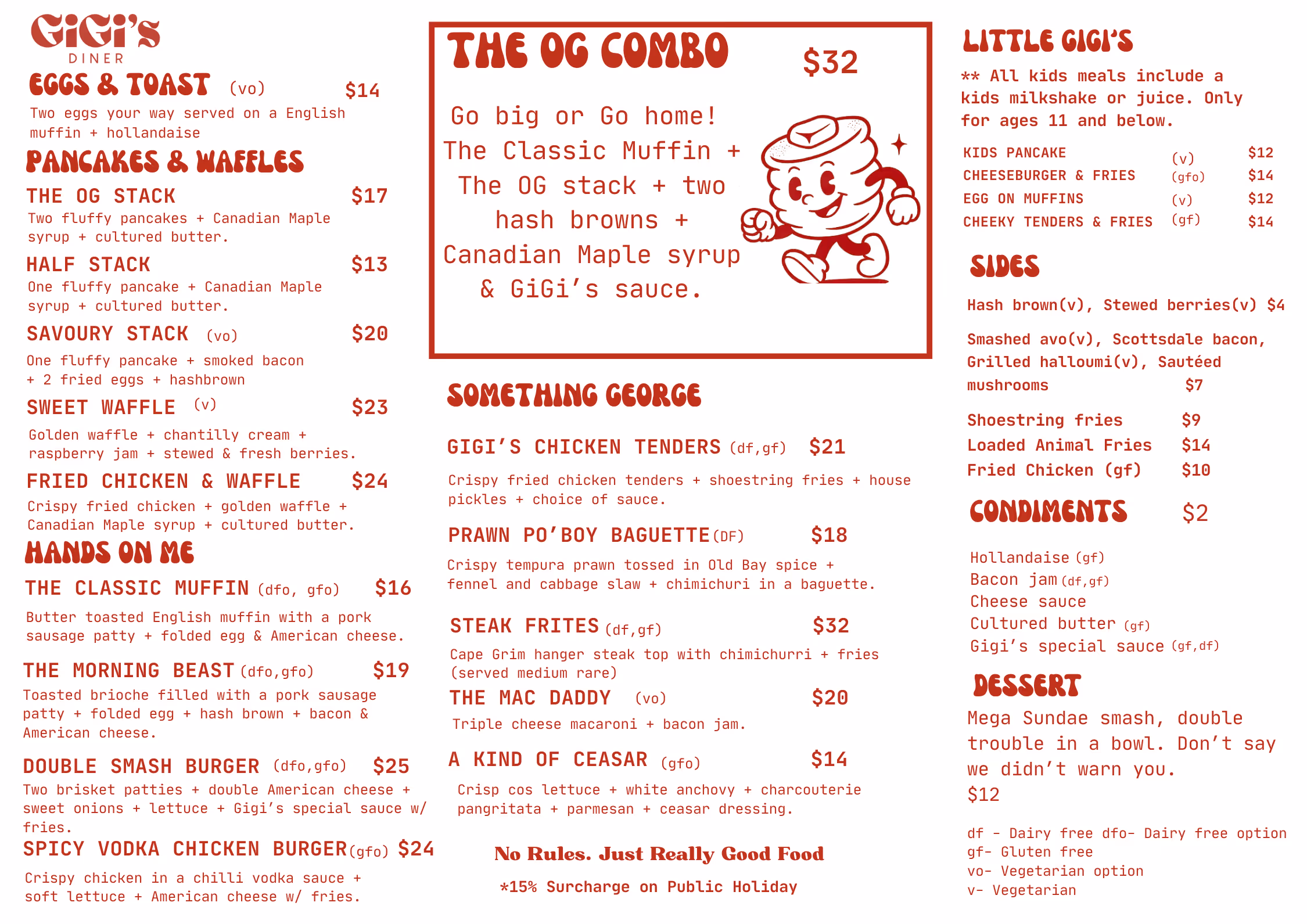Menu from GiGi's Diner featuring sections for Eggs & Toast, Pancakes & Waffles, Breakfast sandwiches, Specials like The OG Combo, Something George entrees, Little GiGi's kids meals, Sides, Condiments, and Dessert with prices and dietary notes.