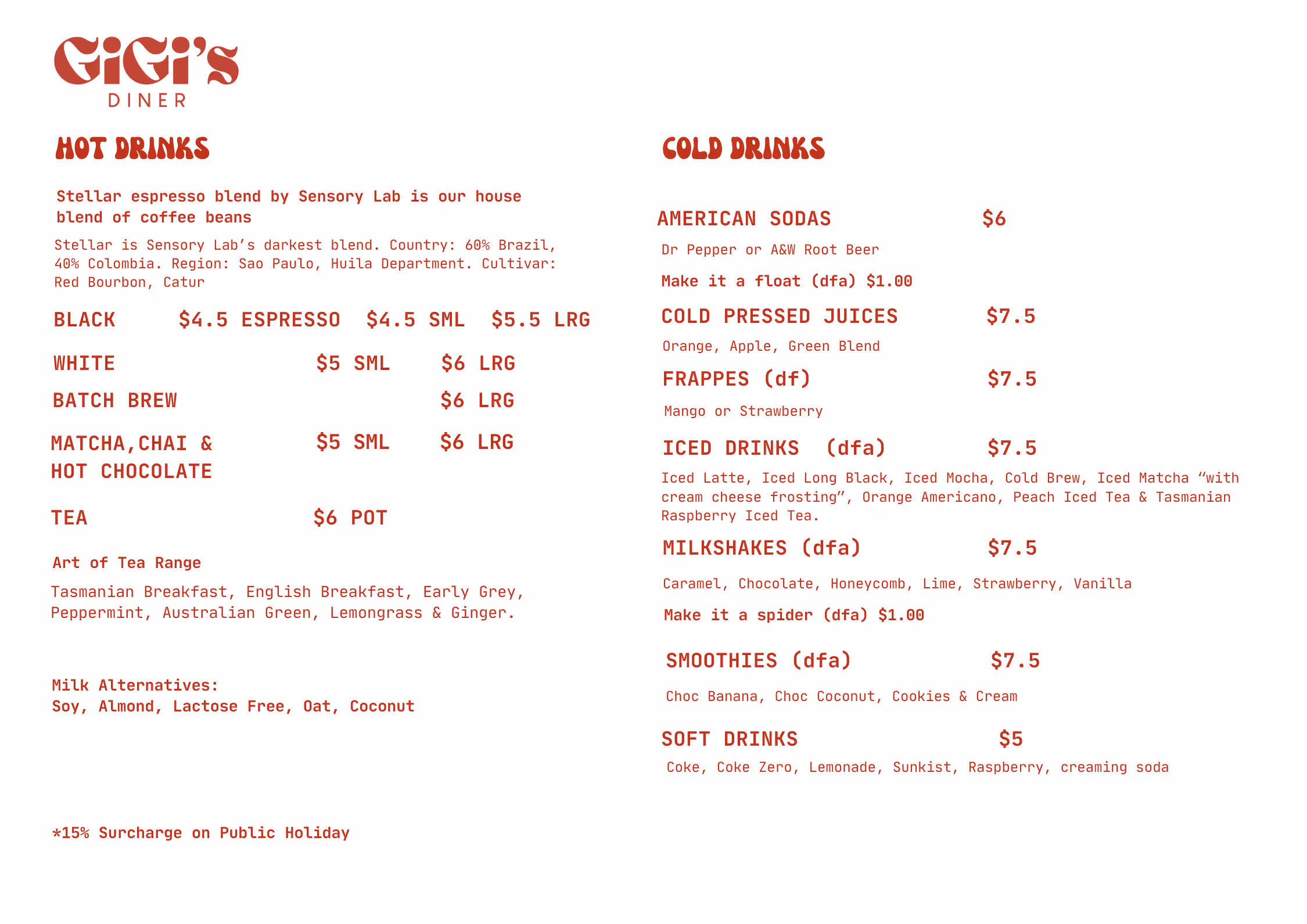 GiGi's Diner menu showing hot drinks like espresso blends, teas, matcha, chai, and hot chocolate with prices, and cold drinks including American sodas, cold-pressed juices, frappes, iced drinks, milkshakes, smoothies, and soft drinks with prices.