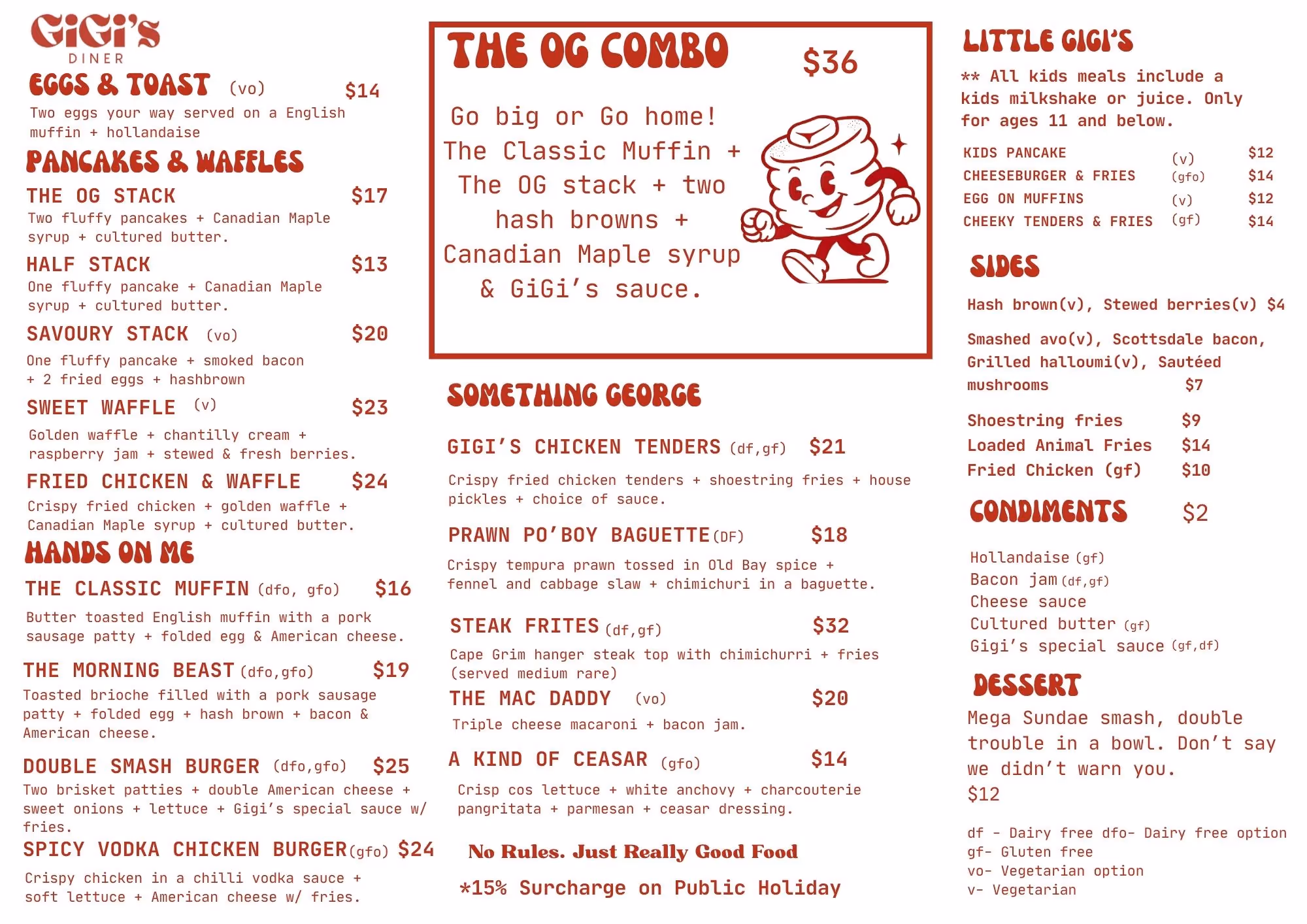 Menu from GiGi's Diner listing breakfast items like eggs & toast, pancakes, waffles, burgers, combos, kids meals, sides, condiments, and dessert with prices and dietary notes.