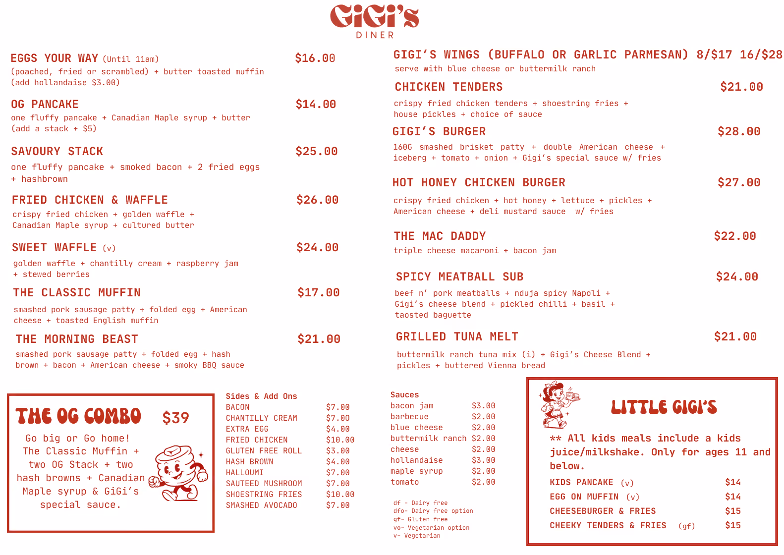 GiGi's Diner menu featuring breakfast, wings, burgers, sides, sauces, and kids meals with prices.