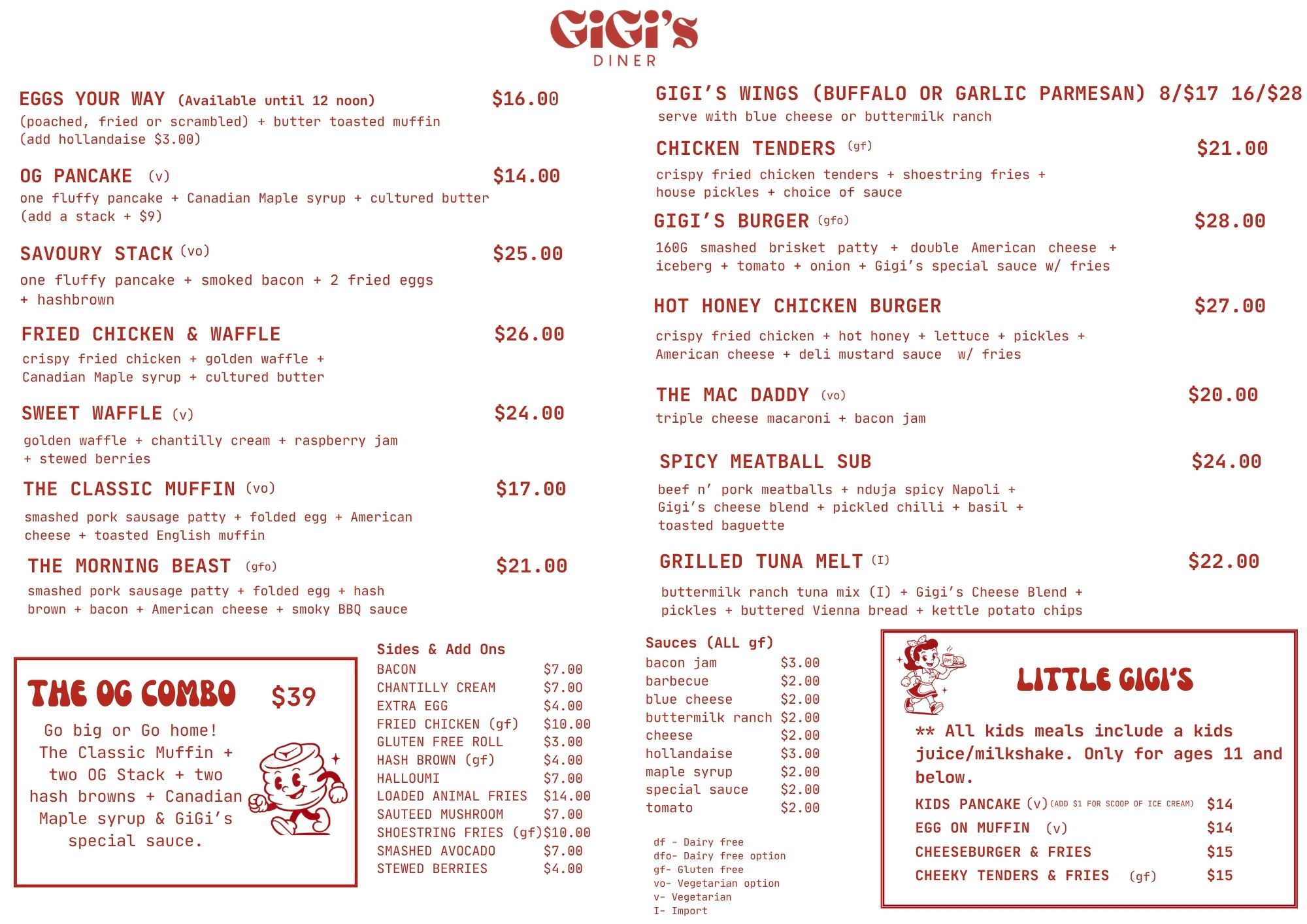 GiGi's Diner menu featuring breakfast and lunch items including Eggs Your Way, OG Pancake, Savoury Stack, Fried Chicken & Waffle, Sweet Waffle, The Classic Muffin, The Morning Beast, wings, chicken tenders, burgers, mac and cheese, meatball sub, grilled tuna melt, sides like bacon, chantilly cream, extra egg, fries, and sauces including bacon jam, barbecue, blue cheese, hollandaise, maple syrup, and a kids menu with pancakes, egg on muffin, cheeseburger, and tenders with fries.