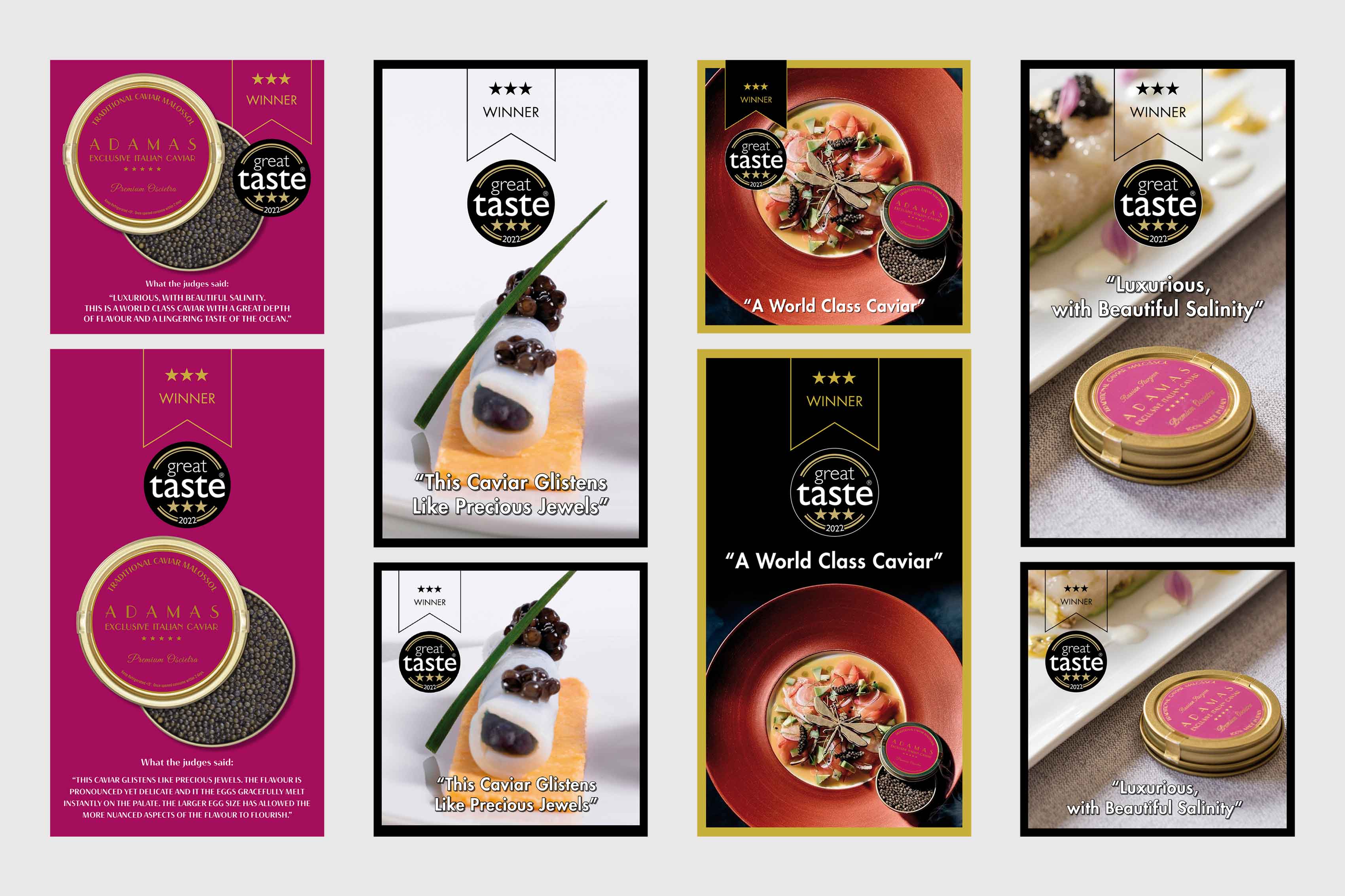 A graphic showcasing the 8 different graphics designed for Adamas' great taste award