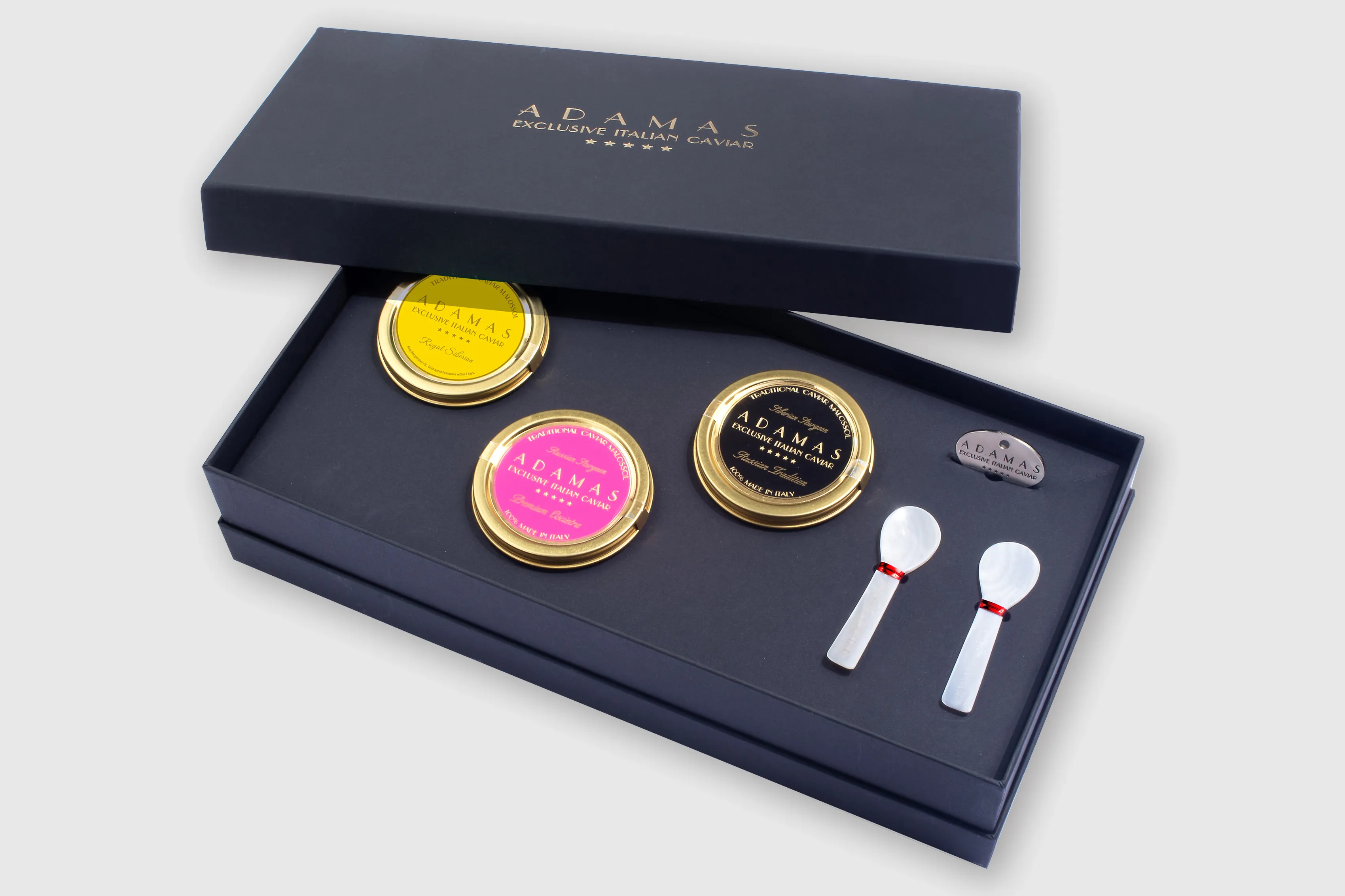 A mock-up of a hamper box packing design for Adamas caviar