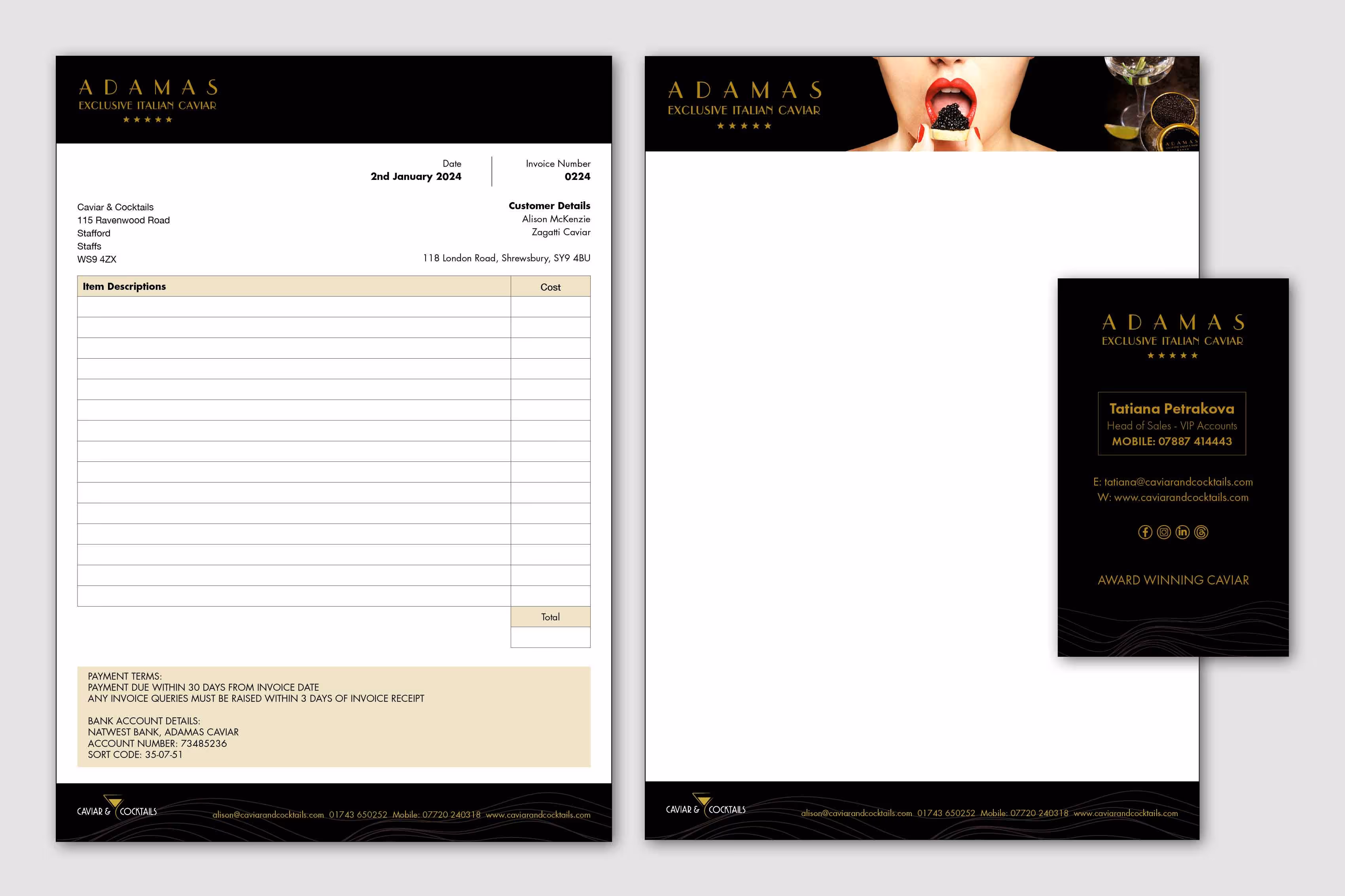A graphic showcasing the business stationary designed for Adamas caviar